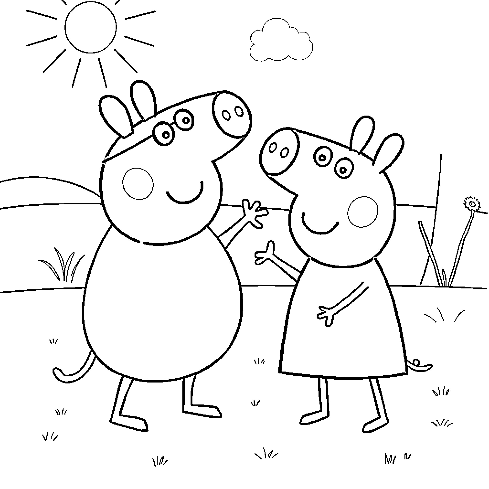 Peppa Pig and her friend enjoy the sunny day Coloring Page (free black-and-white line drawing printable PDF for all, from beginners to advanced learners, including children, teens, adults, and seniors)