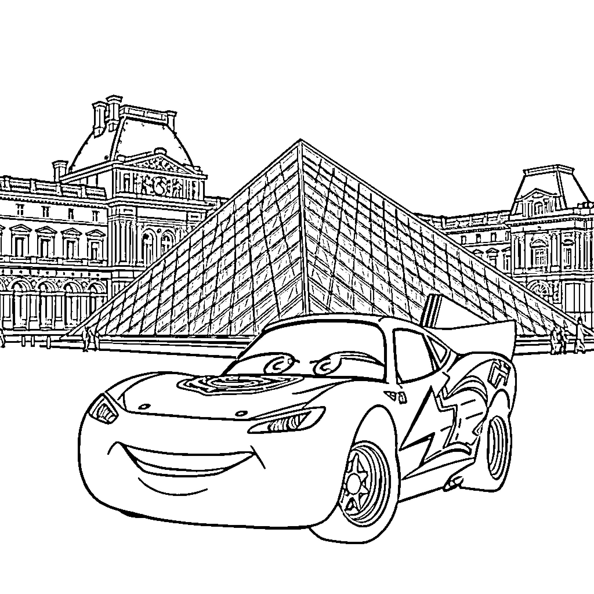 Flash McQueen racing in front of iconic landmarks Coloring Page (free black-and-white line drawing printable PDF for all, from beginners to advanced learners, including children, teens, adults, and seniors)
