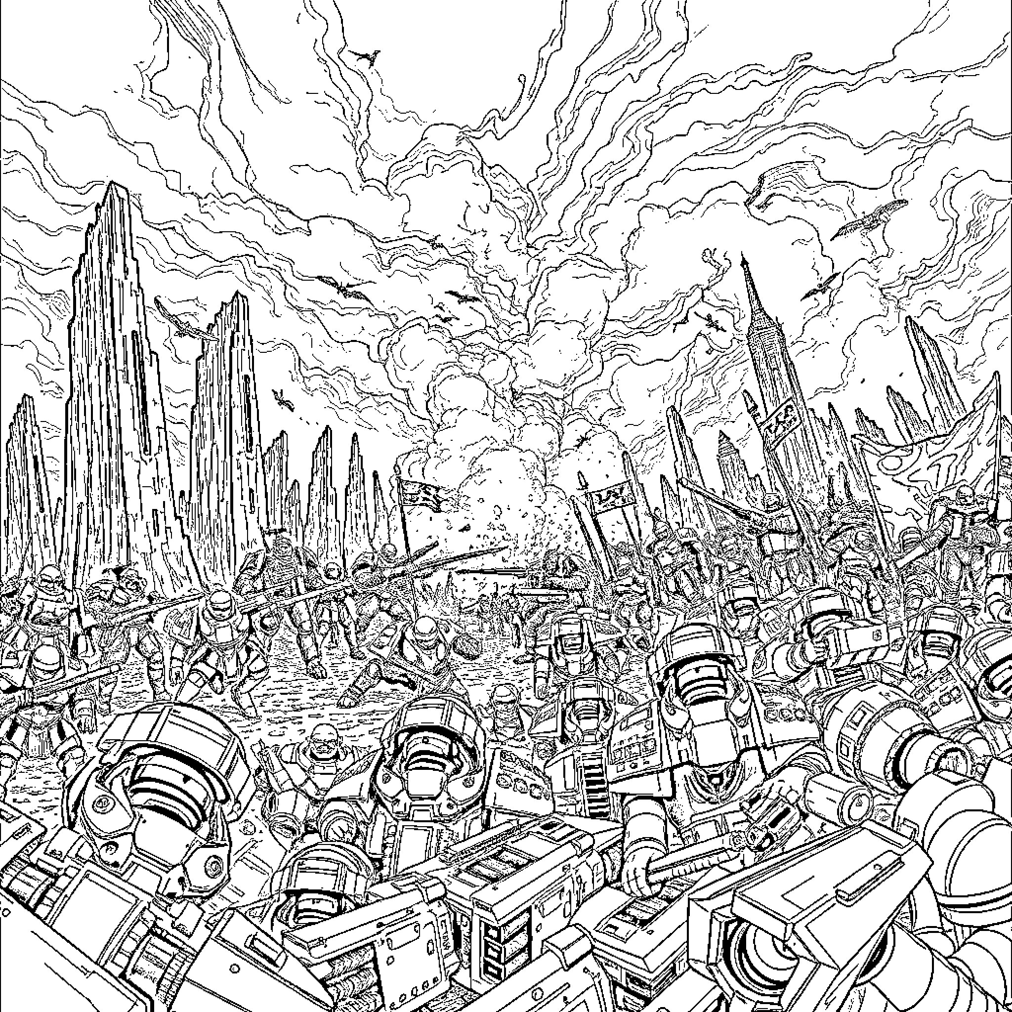 Warhammer 40k Chaos Invasion: Epic Sci-Fi Battle Scene Coloring Page (free black-and-white line drawing printable PDF for all, from beginners to advanced learners, including children, teens, adults, and seniors)