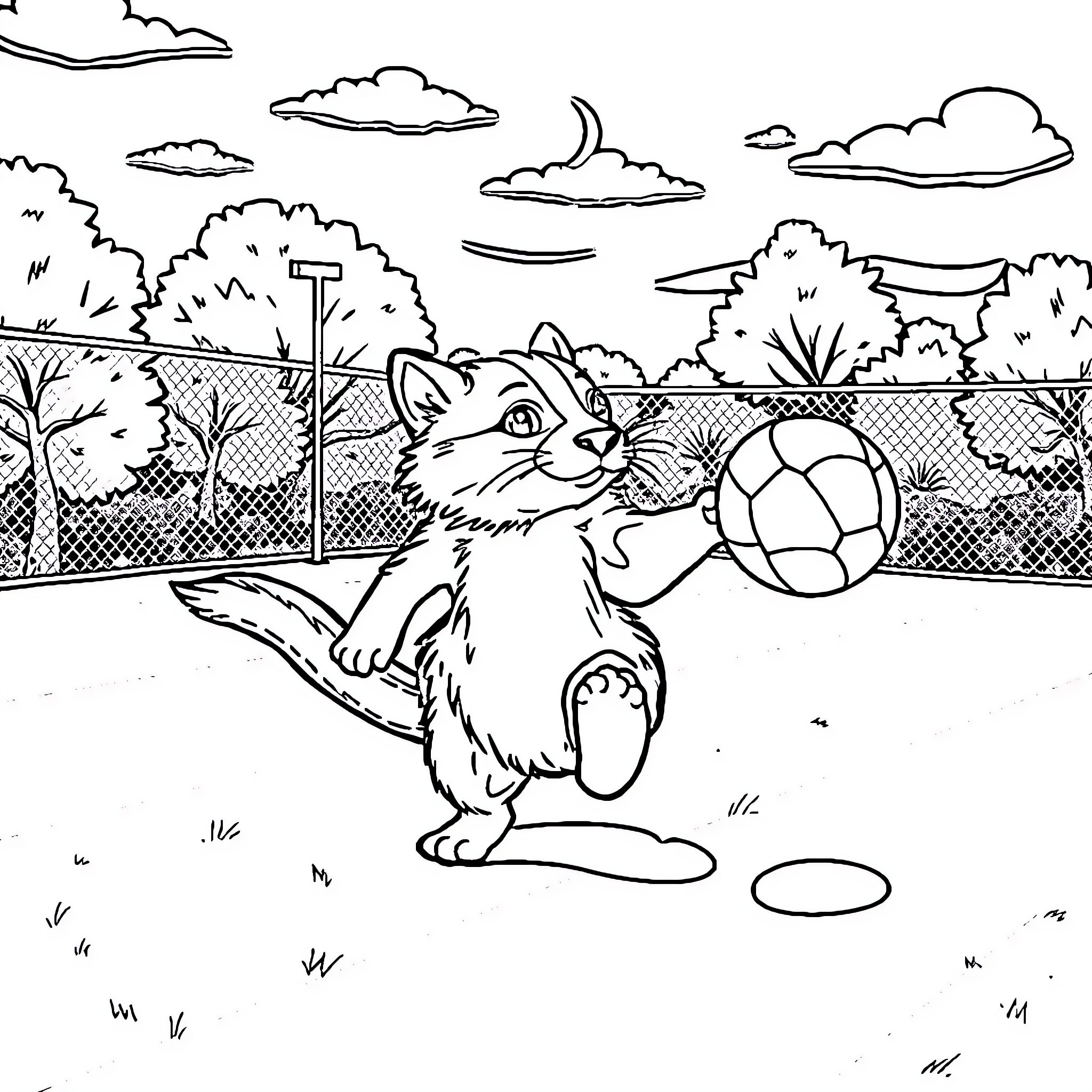Dog playing joyfully with soccer ball in park Coloring Page (free black-and-white line drawing printable PDF for all, from beginners to advanced learners, including children, teens, adults, and seniors)
