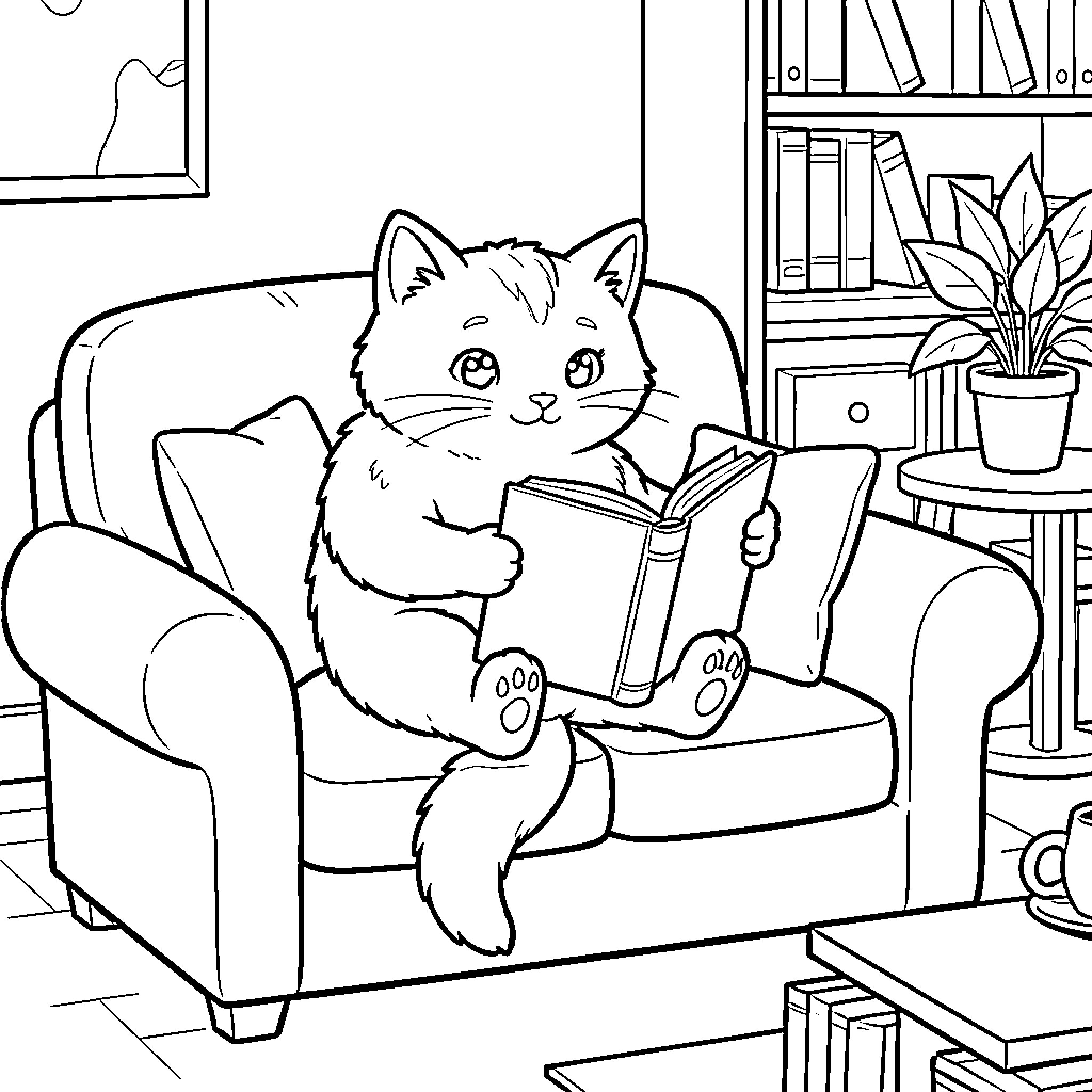 Cat Reading a Book on the Couch Coloring Page (free black-and-white line drawing printable PDF for all, from beginners to advanced learners, including children, teens, adults, and seniors)