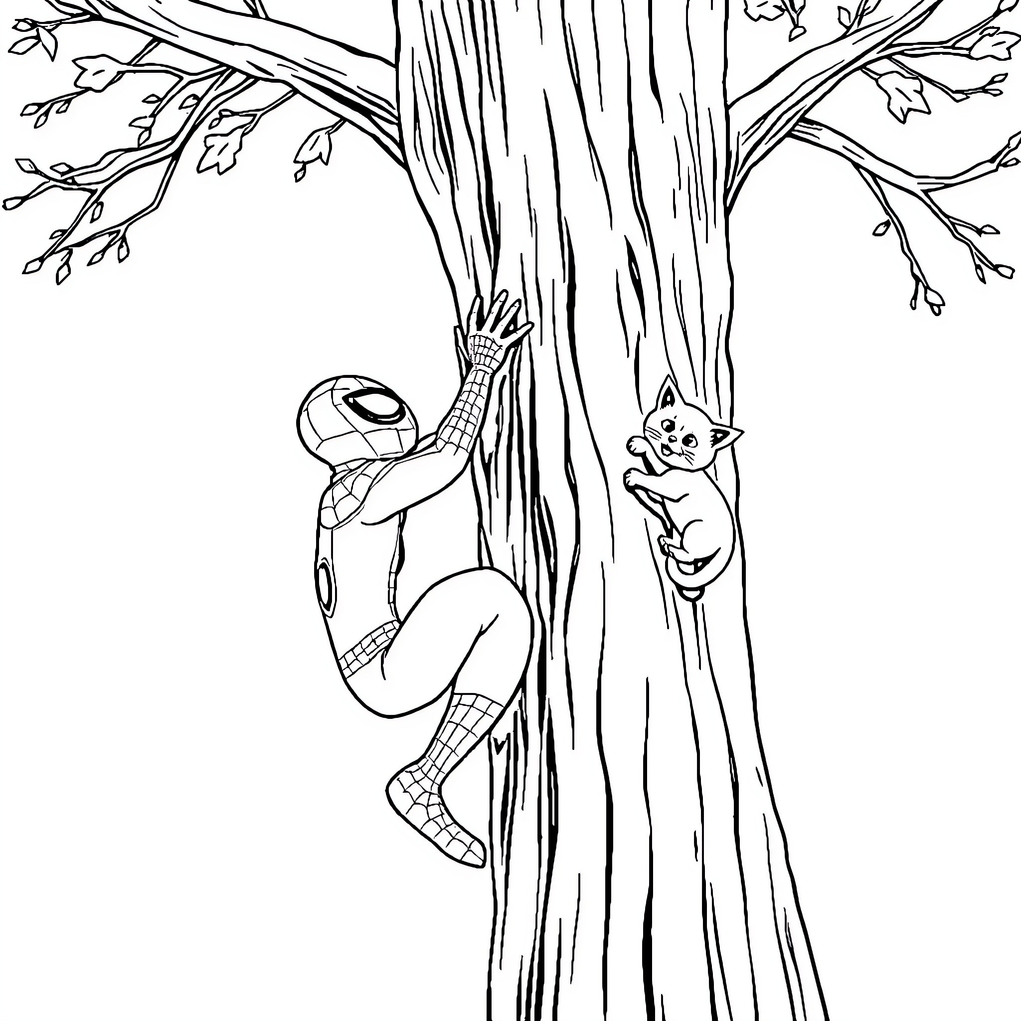 Spiderman climbing a tree with a cat Coloring Page (free black-and-white line drawing printable PDF for all, from beginners to advanced learners, including children, teens, adults, and seniors)