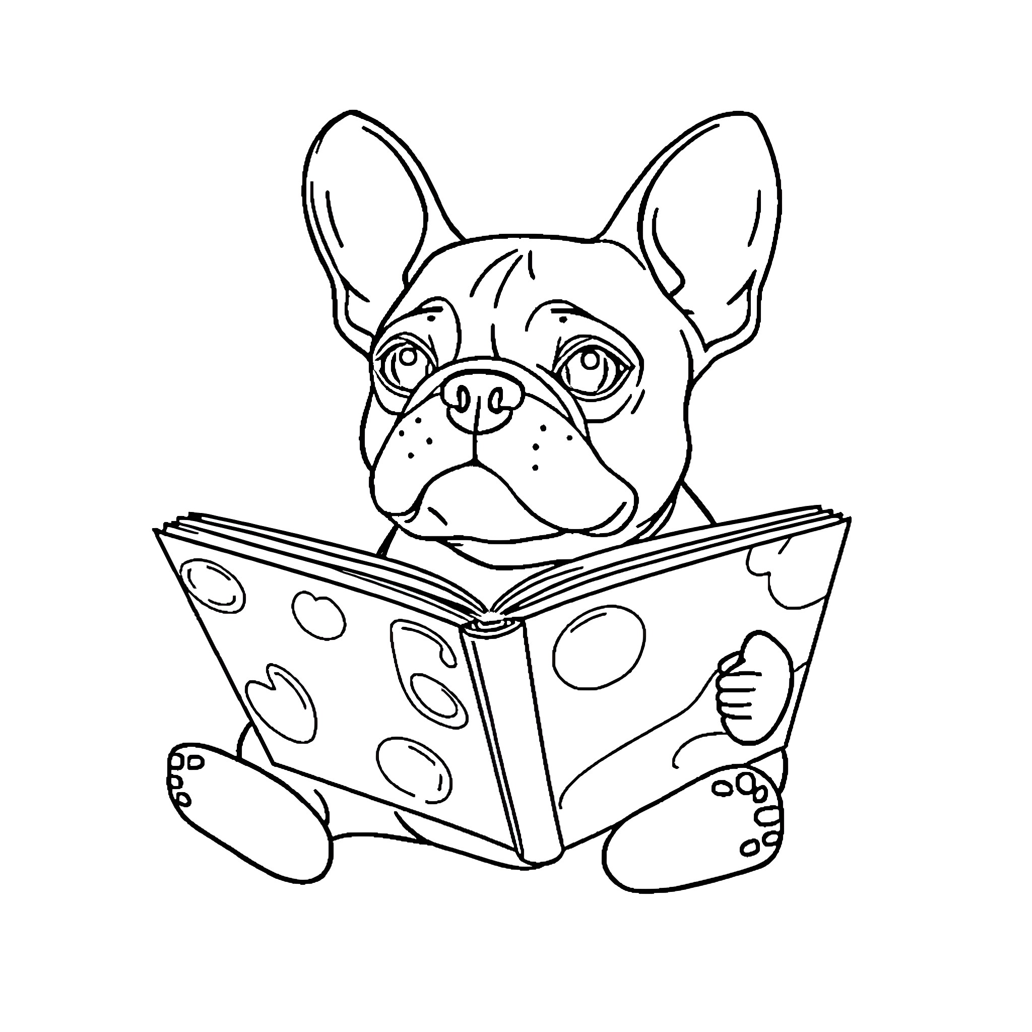 French Bulldog reading an interesting book Coloring Page (free black-and-white line drawing printable PDF for all, from beginners to advanced learners, including children, teens, adults, and seniors)