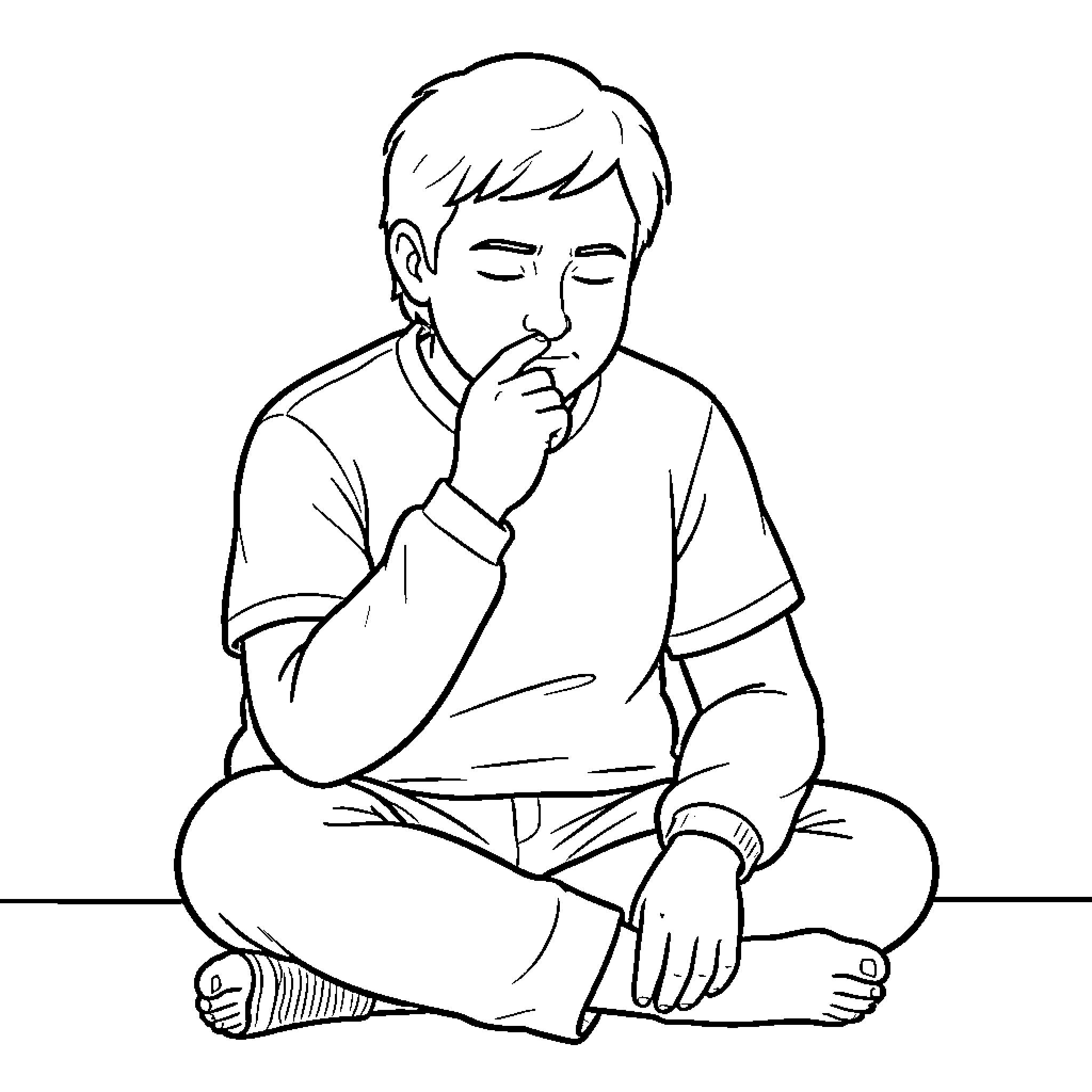Nose picking by a boy sitting cross-legged Coloring Page (free black-and-white line drawing printable PDF for all, from beginners to advanced learners, including children, teens, adults, and seniors)