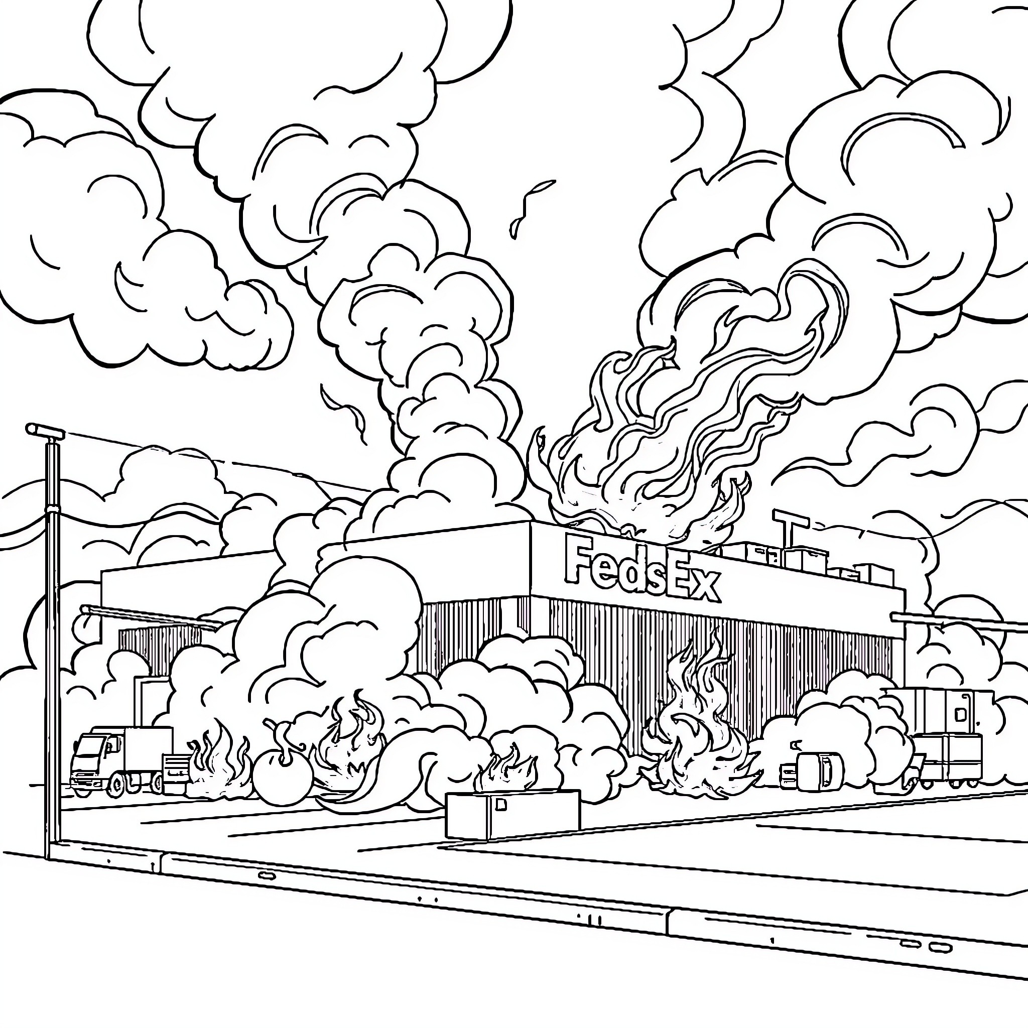 FedEx Depot Engulfed in Flames and Smoke Coloring Page (free black-and-white line drawing printable PDF for all, from beginners to advanced learners, including children, teens, adults, and seniors)