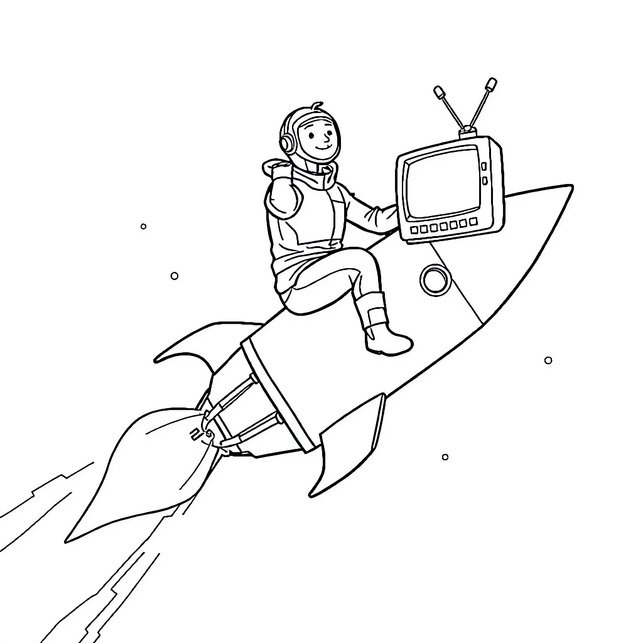 Tv Man riding a rocket ship in space Coloring Page (free black-and-white line drawing printable PDF for all, from beginners to advanced learners, including children, teens, adults, and seniors)