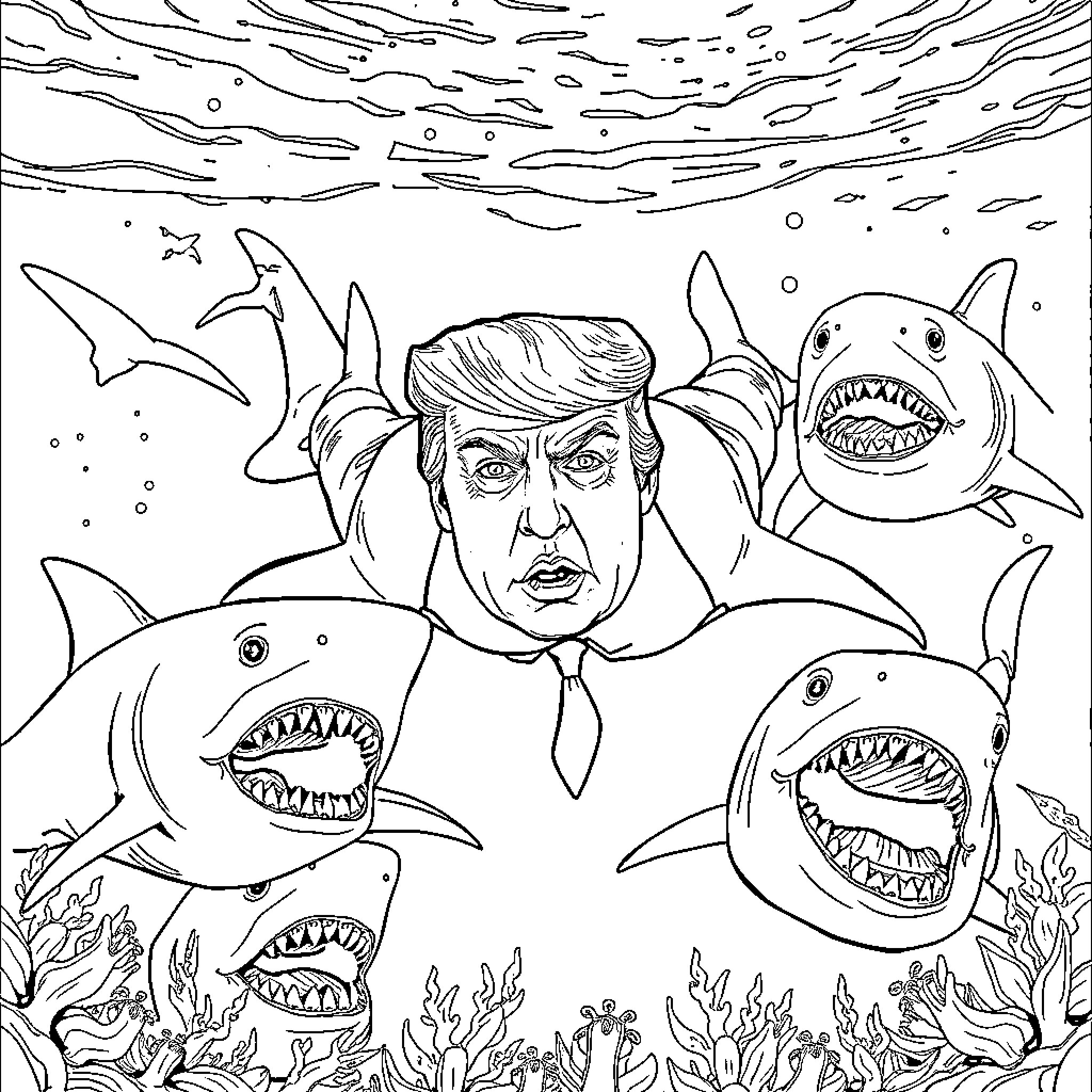 Trump surrounded by aggressive sharks with sharp teeth Coloring Page (free black-and-white line drawing printable PDF for all, from beginners to advanced learners, including children, teens, adults, and seniors)