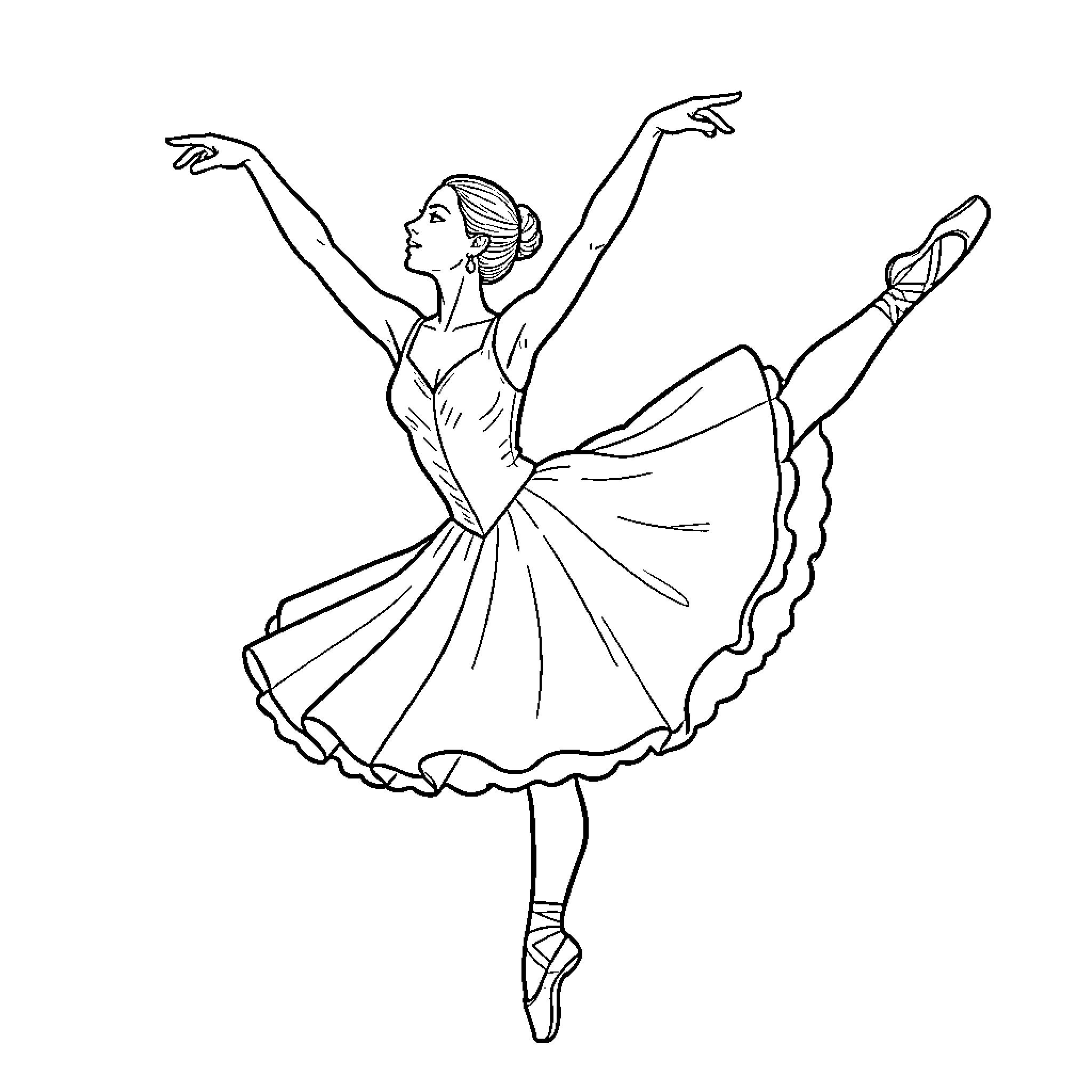 Arabesque - Graceful Ballerina in Motion Coloring Page (free black-and-white line drawing printable PDF for all, from beginners to advanced learners, including children, teens, adults, and seniors)
