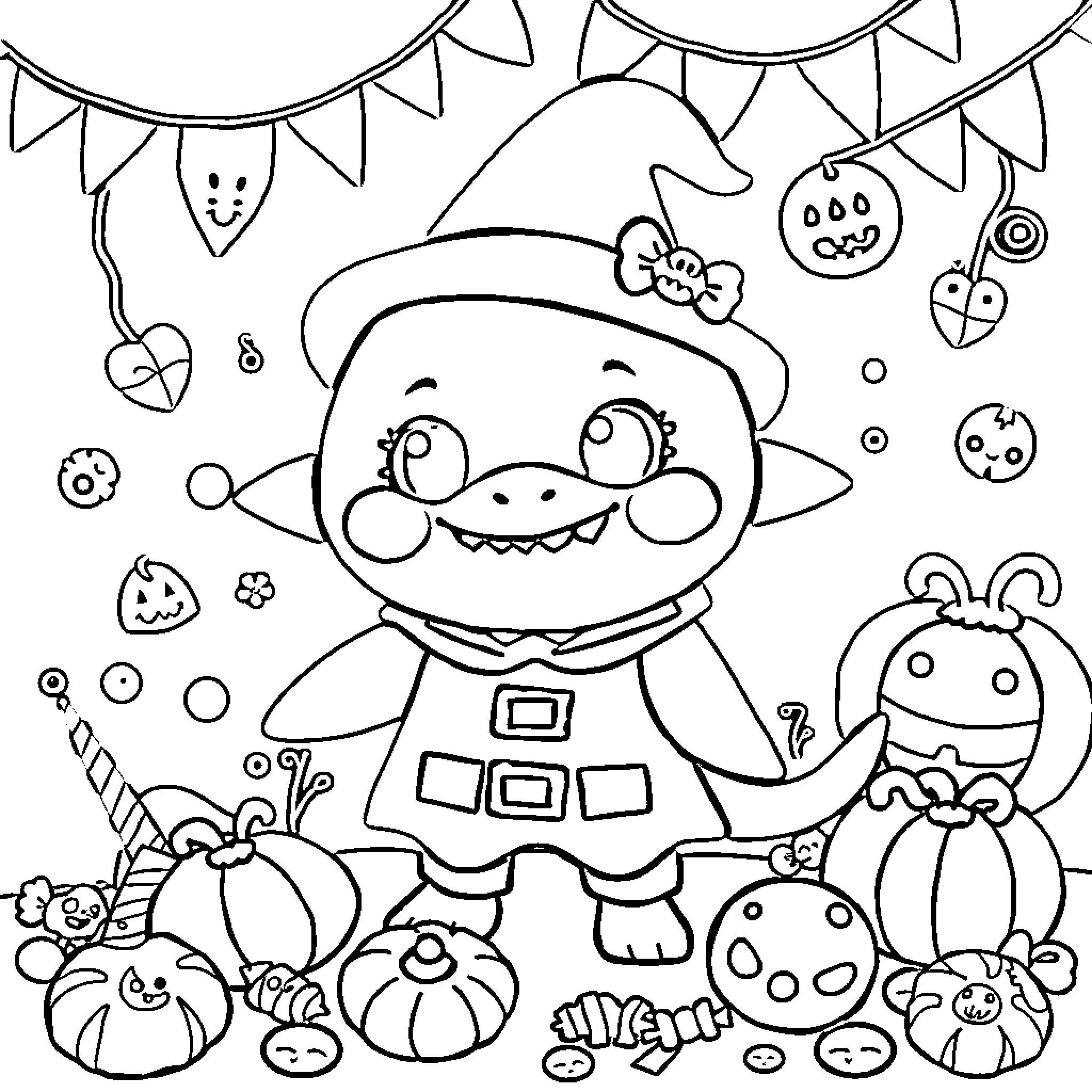 Shark-themed Halloween party with cheerful decorations Coloring Page (free black-and-white line drawing printable PDF for all, from beginners to advanced learners, including children, teens, adults, and seniors)