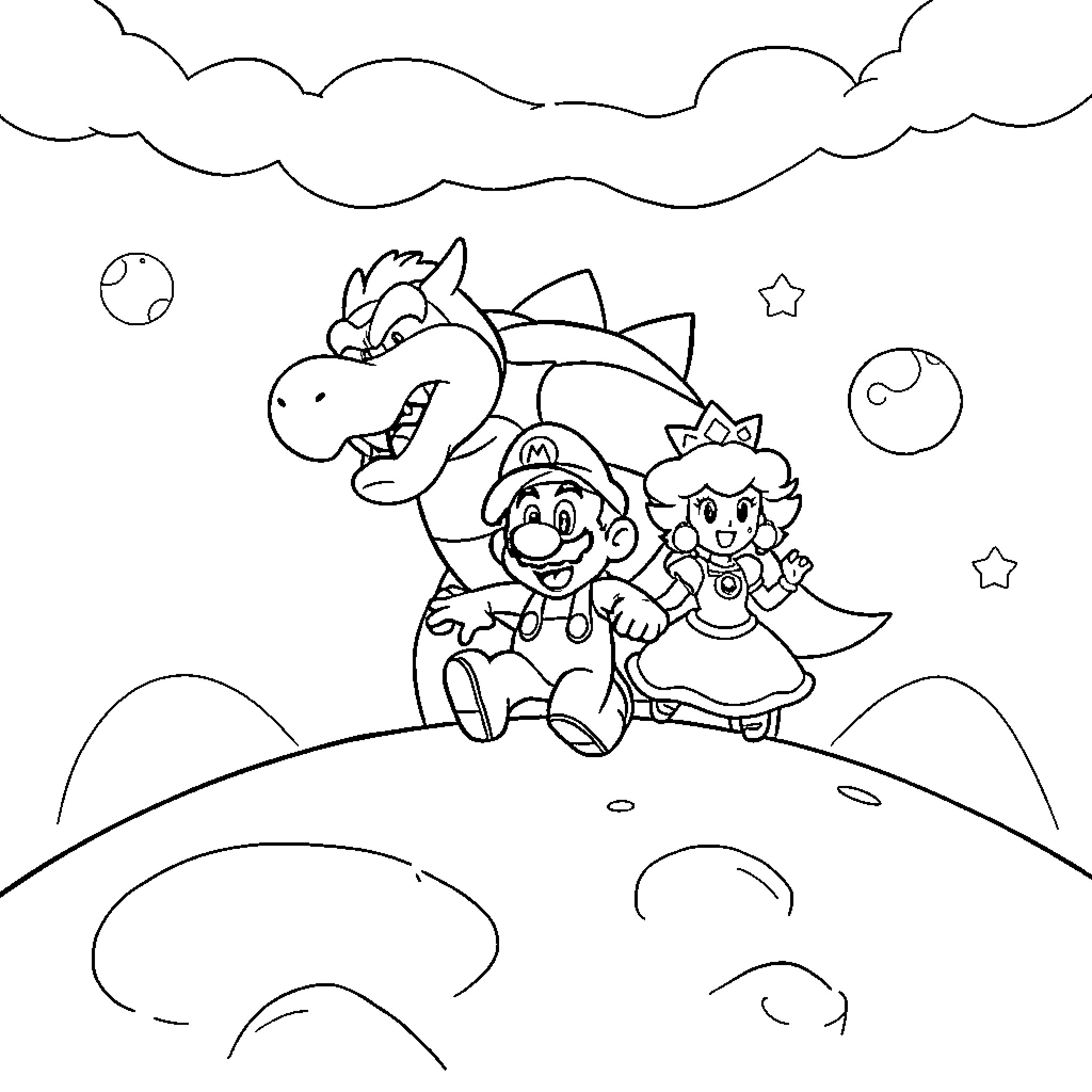 Mario and Princess Riding a Friendly Dragon Coloring Page (free black-and-white line drawing printable PDF for all, from beginners to advanced learners, including children, teens, adults, and seniors)