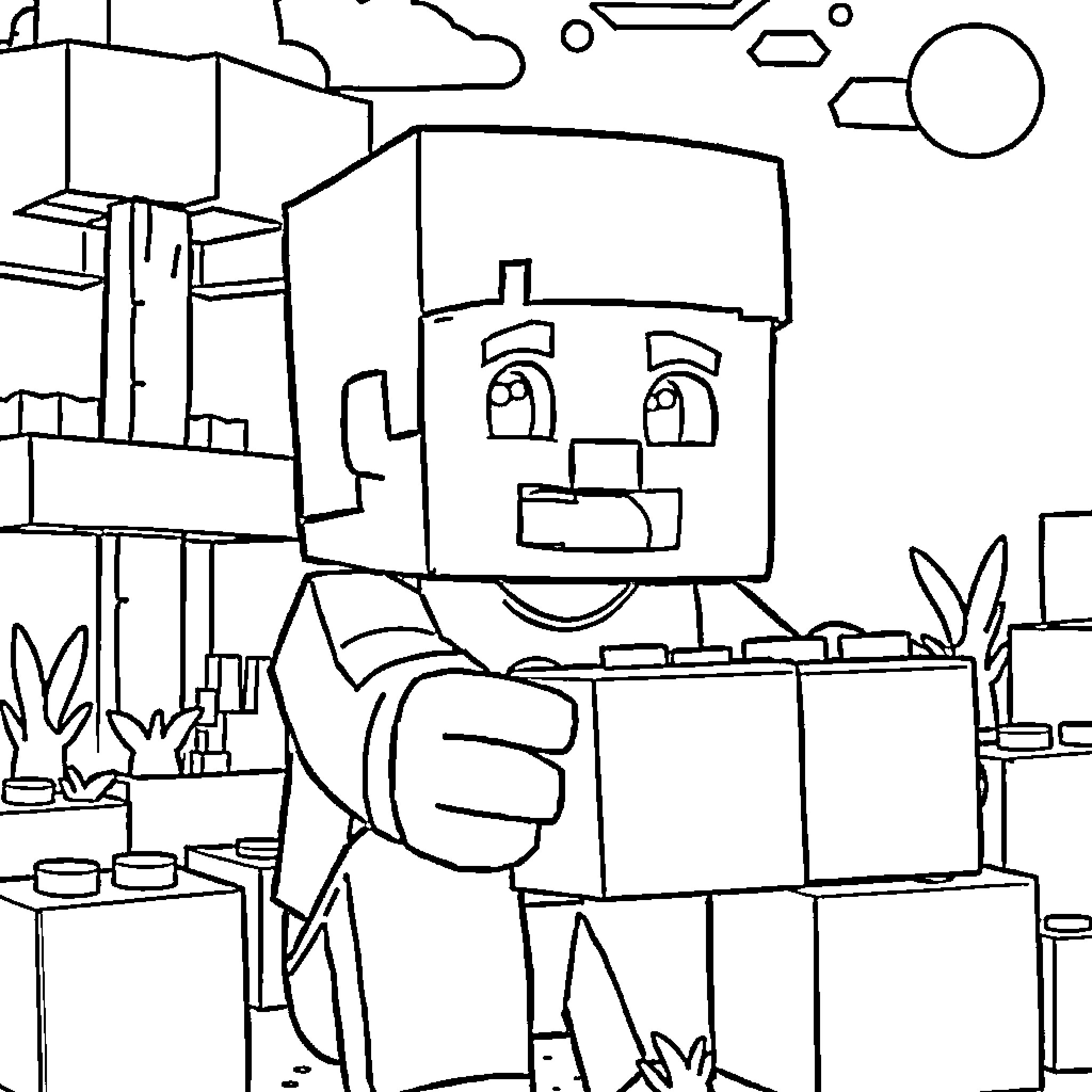 Steve exploring a blocky world Coloring Page (free black-and-white line drawing printable PDF for all, from beginners to advanced learners, including children, teens, adults, and seniors)
