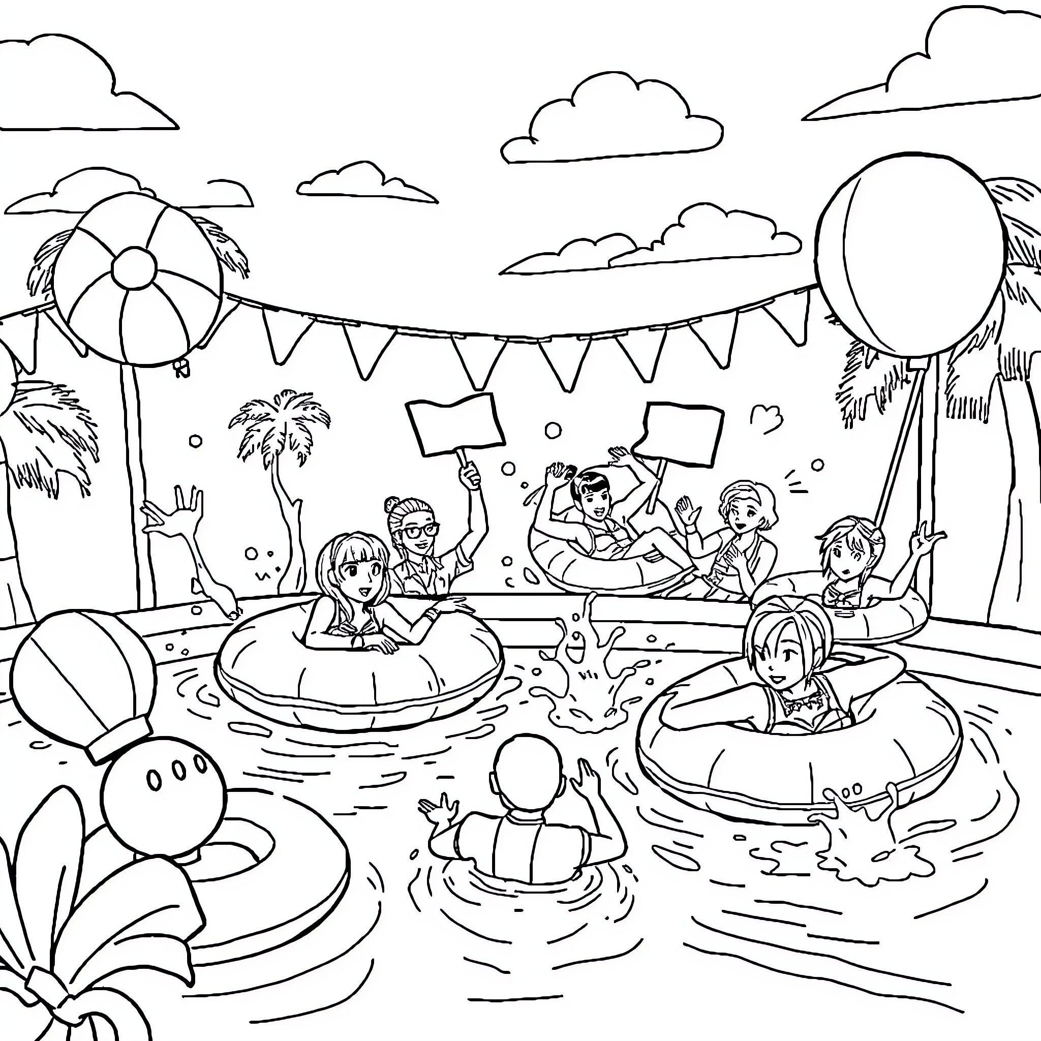 Fortnite characters enjoying a summer pool party Coloring Page (free black-and-white line drawing printable PDF for all, from beginners to advanced learners, including children, teens, adults, and seniors)