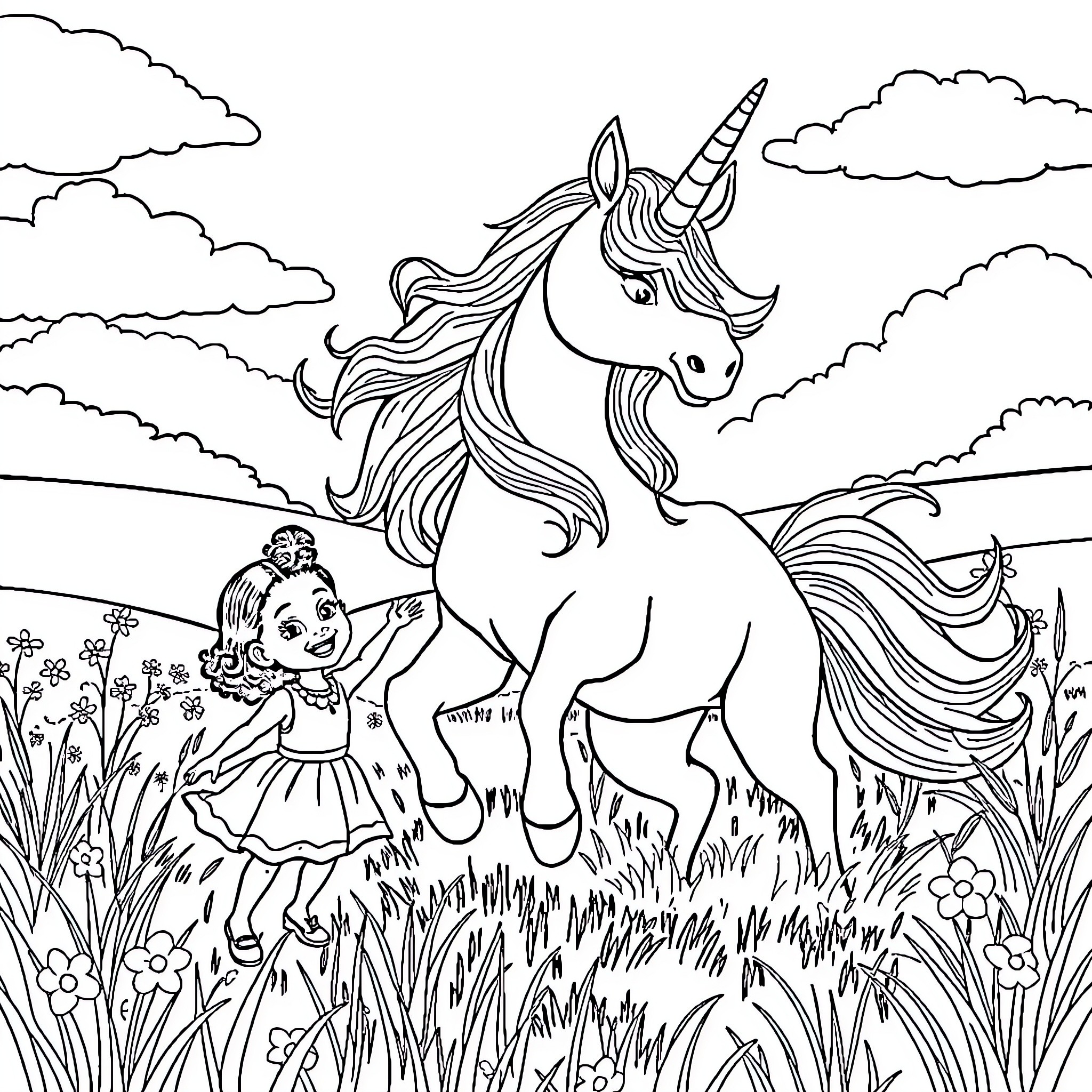 Unicorn and Girl in Lush Meadow Coloring Page (free black-and-white line drawing printable PDF for all, from beginners to advanced learners, including children, teens, adults, and seniors)