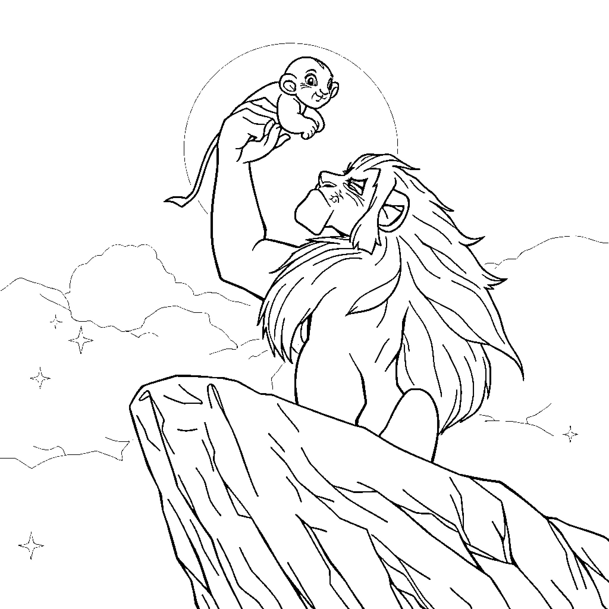 Mufasa presenting the young prince Coloring Page (free black-and-white line drawing printable PDF for all, from beginners to advanced learners, including children, teens, adults, and seniors)