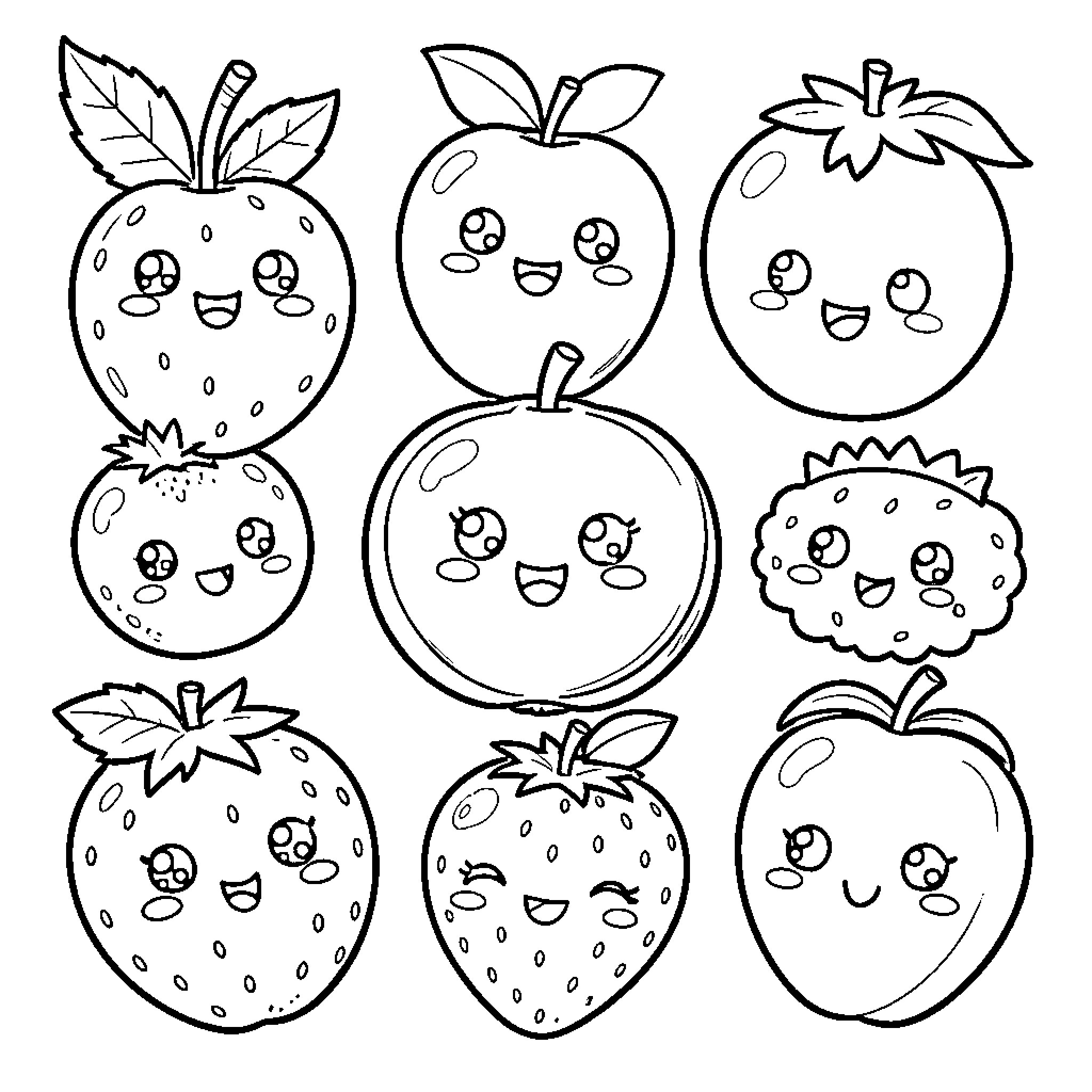Fruit with Cute Faces and Expressions Coloring Page (free black-and-white line drawing printable PDF for all, from beginners to advanced learners, including children, teens, adults, and seniors)