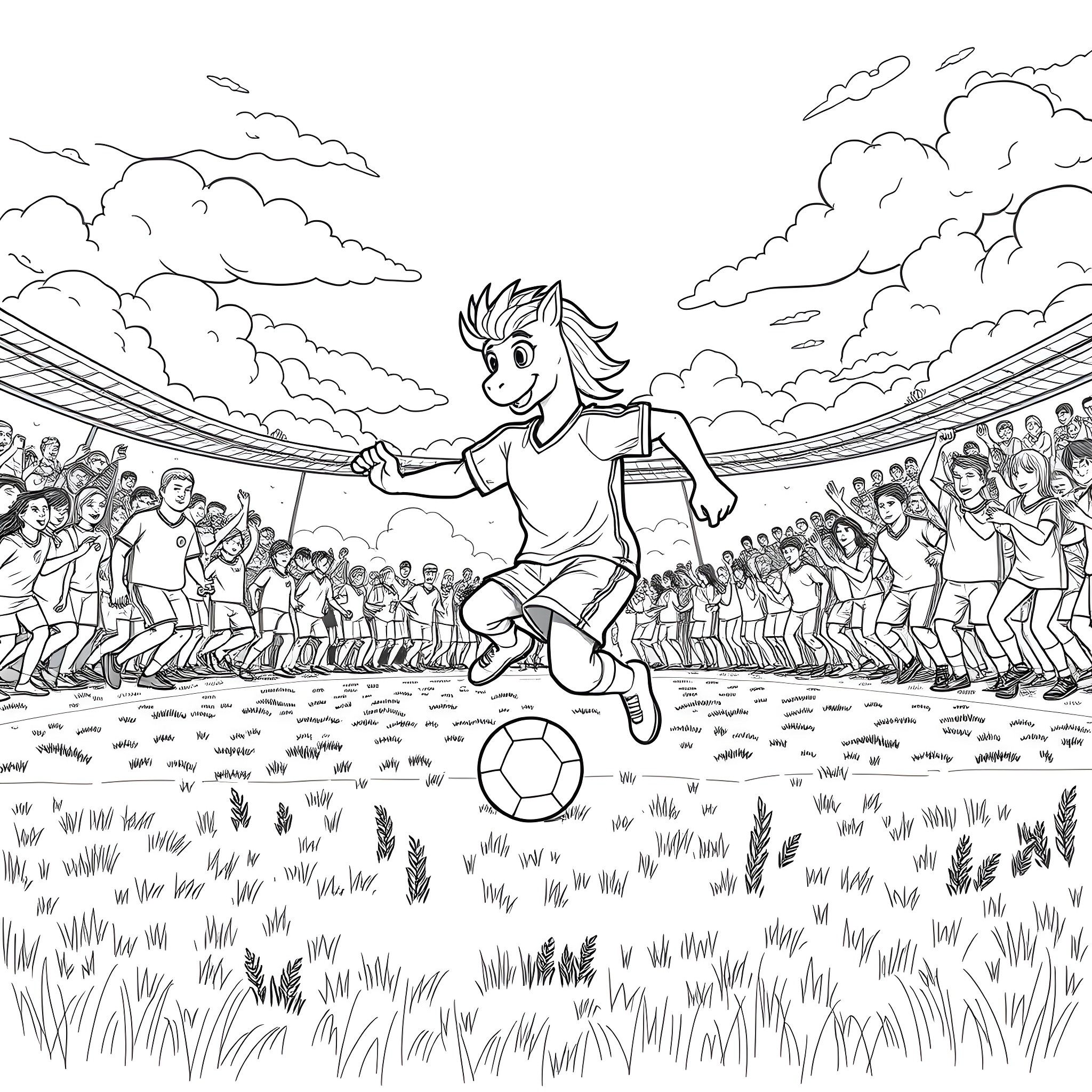 Braintrot: Energetic soccer player on the field Coloring Page (free black-and-white line drawing printable PDF for all, from beginners to advanced learners, including children, teens, adults, and seniors)