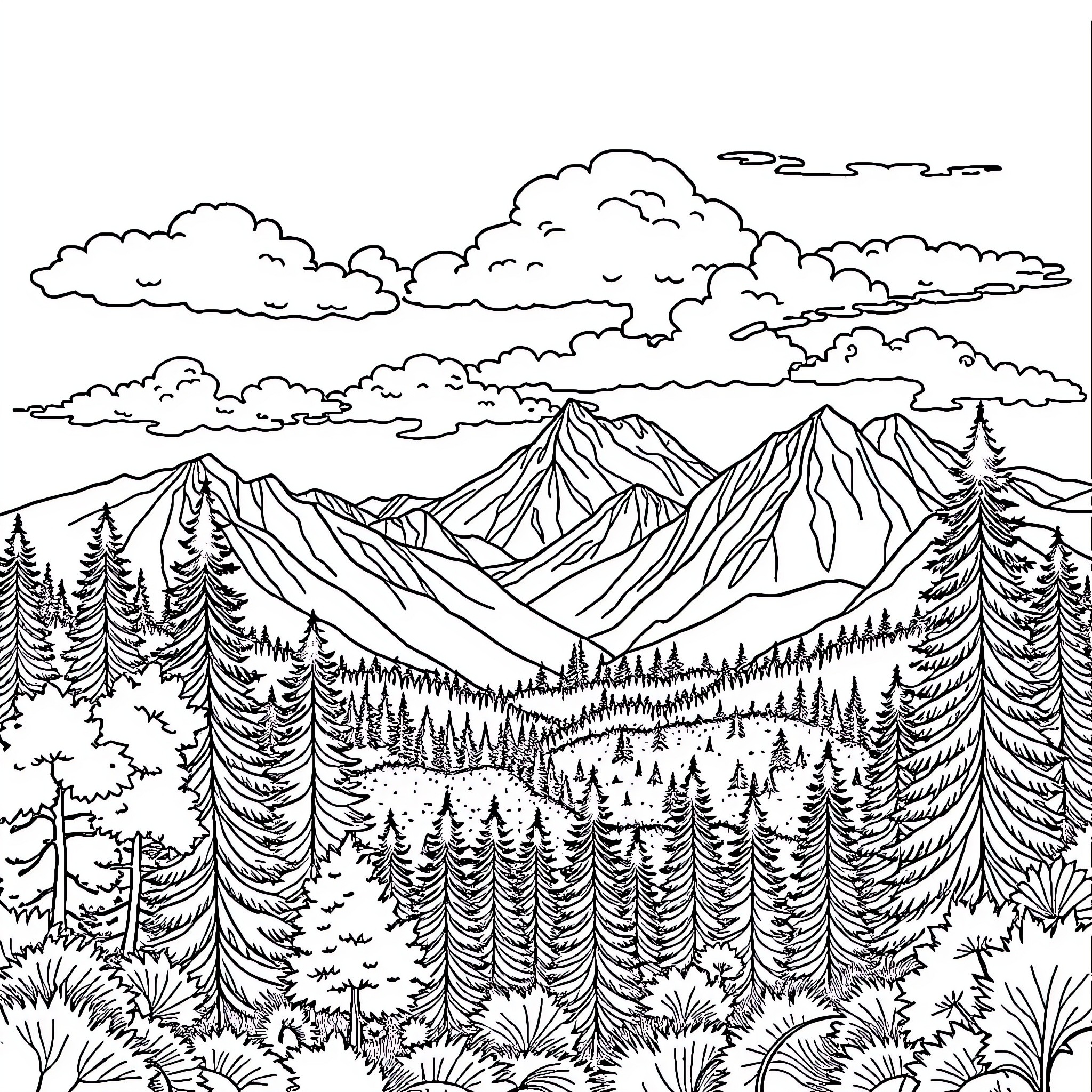 Drawing of a scenic mountain landscape with forests Coloring Page (free black-and-white line drawing printable PDF for all, from beginners to advanced learners, including children, teens, adults, and seniors)