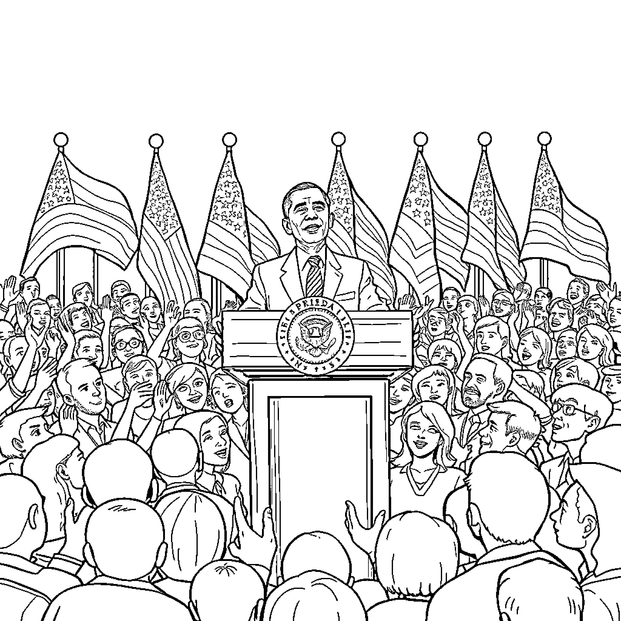 President addressing a crowd of supporters at a rally Coloring Page (free black-and-white line drawing printable PDF for all, from beginners to advanced learners, including children, teens, adults, and seniors)