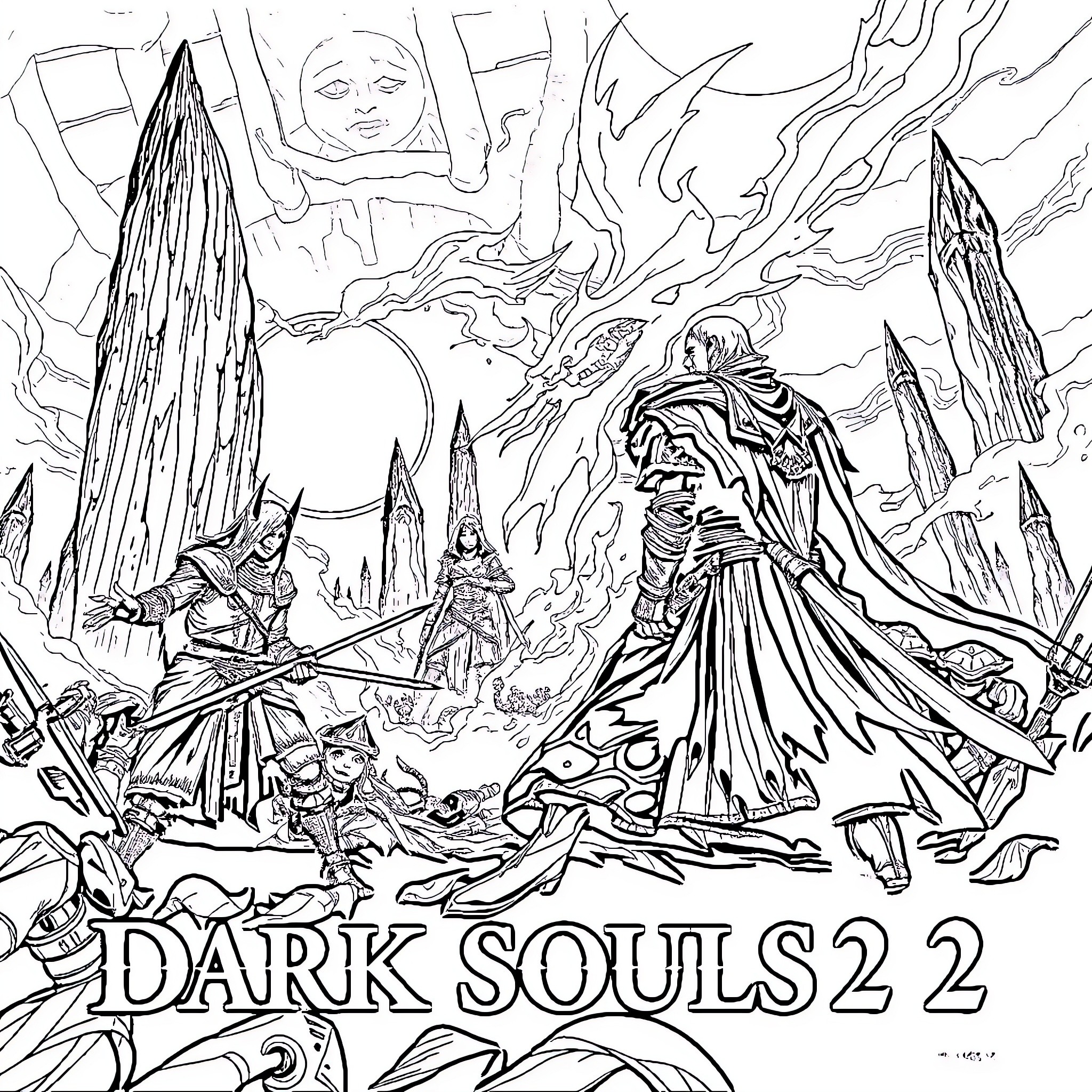 Dark Souls 2: Epic Battles and Fantastical Figures Coloring Page (free black-and-white line drawing printable PDF for all, from beginners to advanced learners, including children, teens, adults, and seniors)