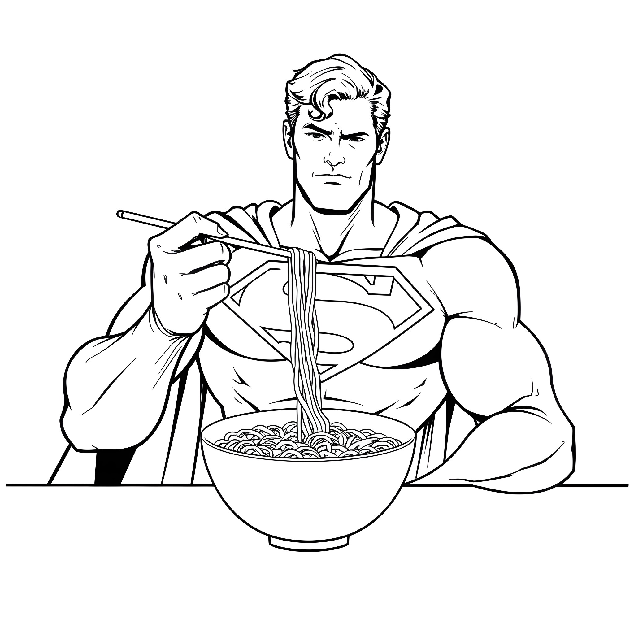 Superman enjoying a hearty meal Coloring Page (free black-and-white line drawing printable PDF for all, from beginners to advanced learners, including children, teens, adults, and seniors)