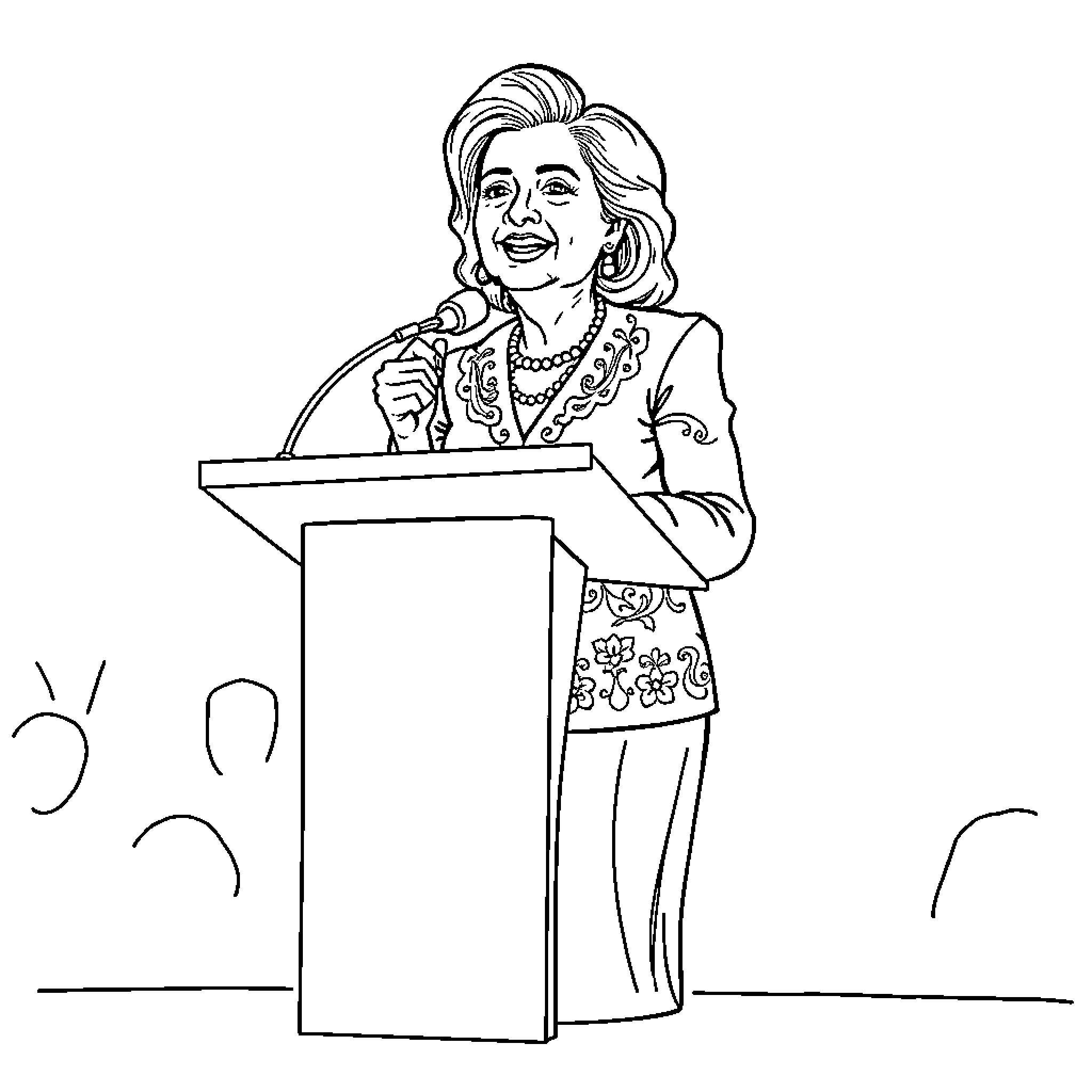 Dina Boluarte addressing the audience at a public event Coloring Page (free black-and-white line drawing printable PDF for all, from beginners to advanced learners, including children, teens, adults, and seniors)