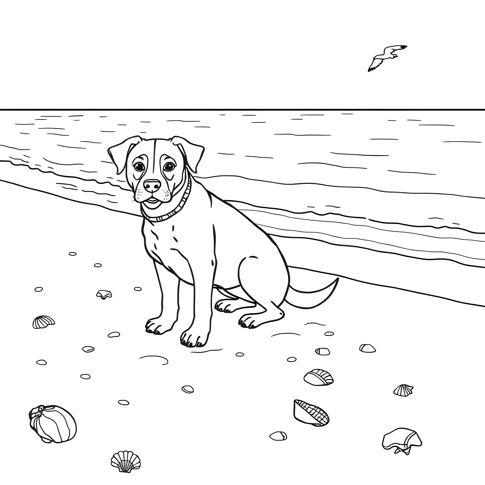 Dog exploring the beachfront Coloring Page (free black-and-white line drawing printable PDF for all, from beginners to advanced learners, including children, teens, adults, and seniors)