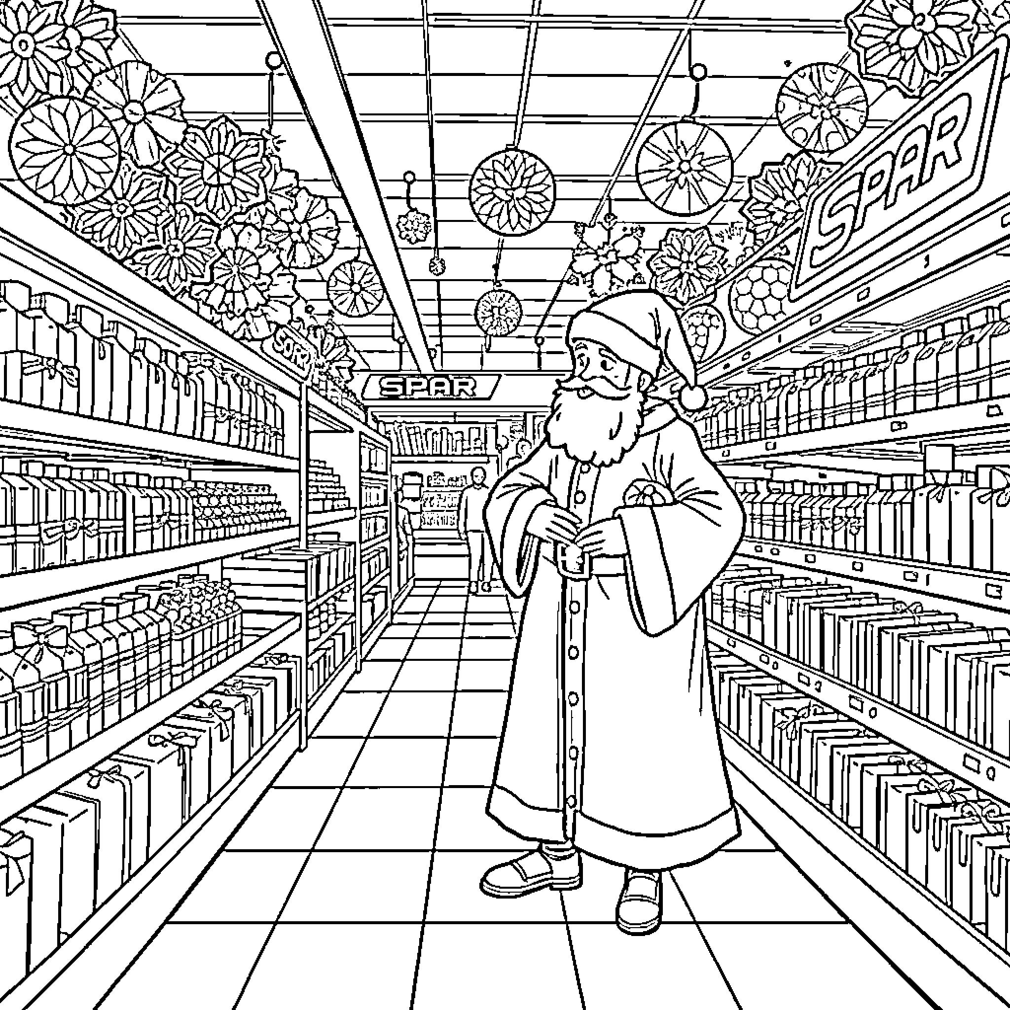 Sinterklaas shopping in a festively decorated store Coloring Page (free black-and-white line drawing printable PDF for all, from beginners to advanced learners, including children, teens, adults, and seniors)