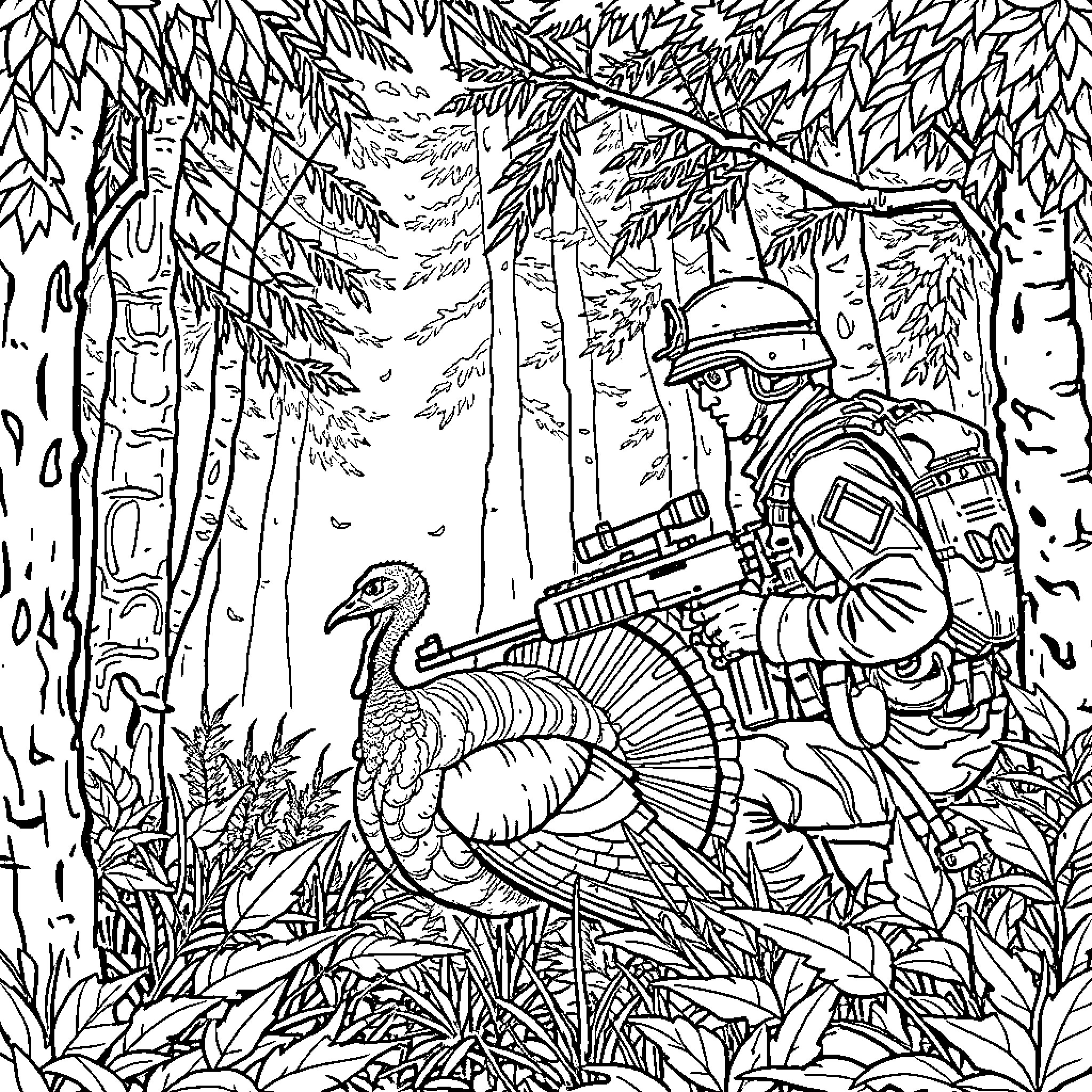 US Marine tracking down enemy in dense jungle Coloring Page (free black-and-white line drawing printable PDF for all, from beginners to advanced learners, including children, teens, adults, and seniors)