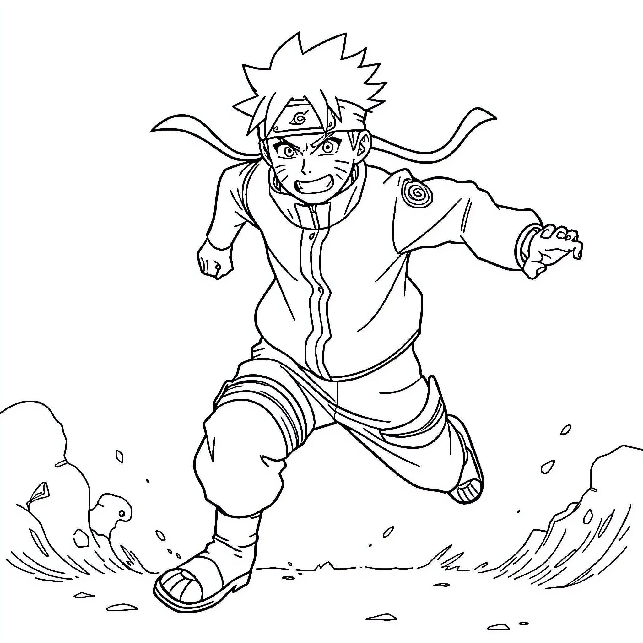 Naruto running excitedly in an outdoor scene Coloring Page (free black-and-white line drawing printable PDF for all, from beginners to advanced learners, including children, teens, adults, and seniors)