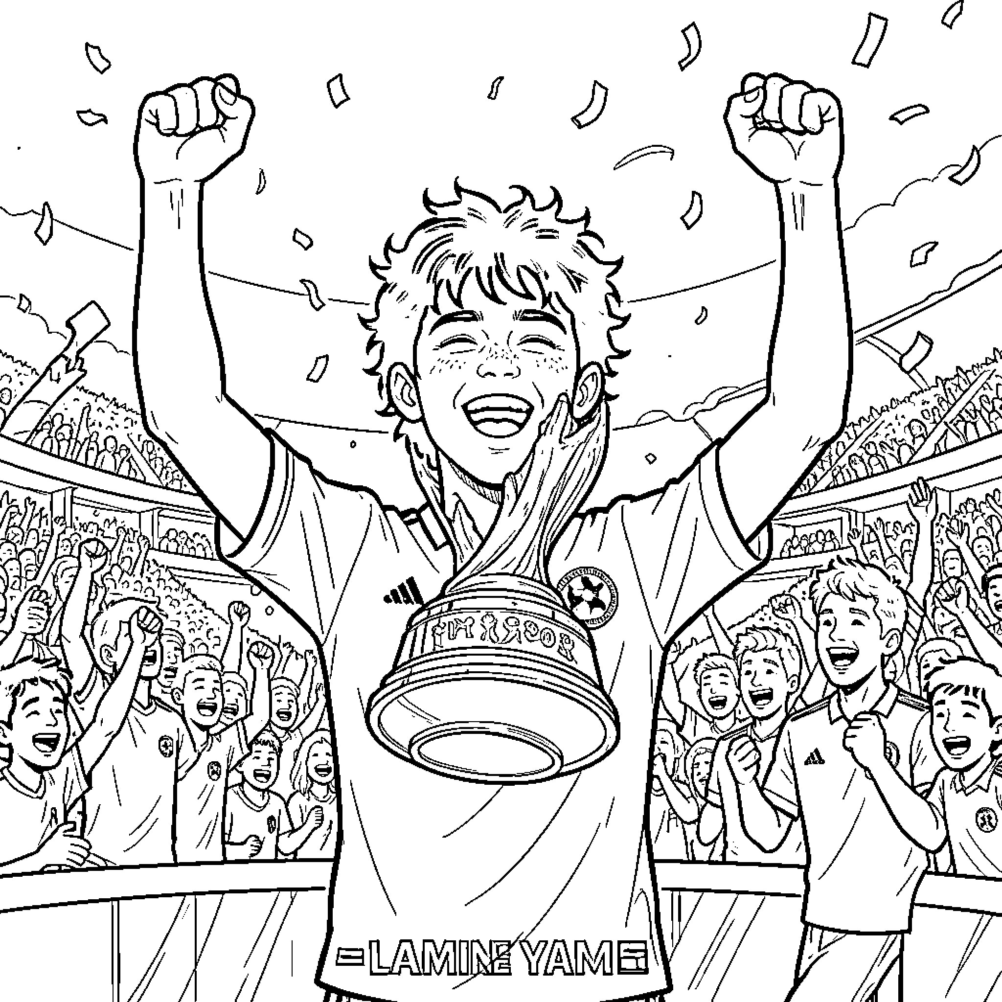 Lamine Yamal celebrating a victory with a trophy Coloring Page (free black-and-white line drawing printable PDF for all, from beginners to advanced learners, including children, teens, adults, and seniors)