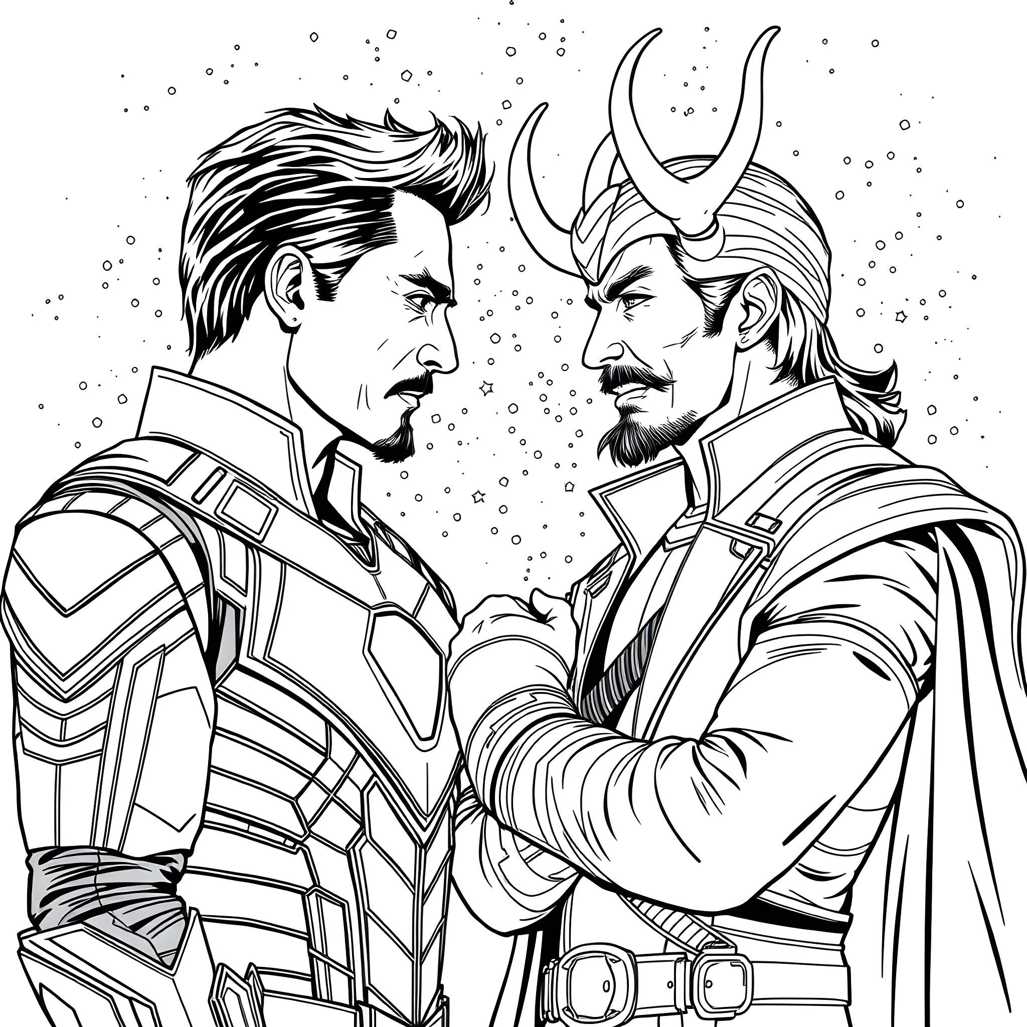 Tony Stark and Thor in a serious conversation Coloring Page (free black-and-white line drawing printable PDF for all, from beginners to advanced learners, including children, teens, adults, and seniors)