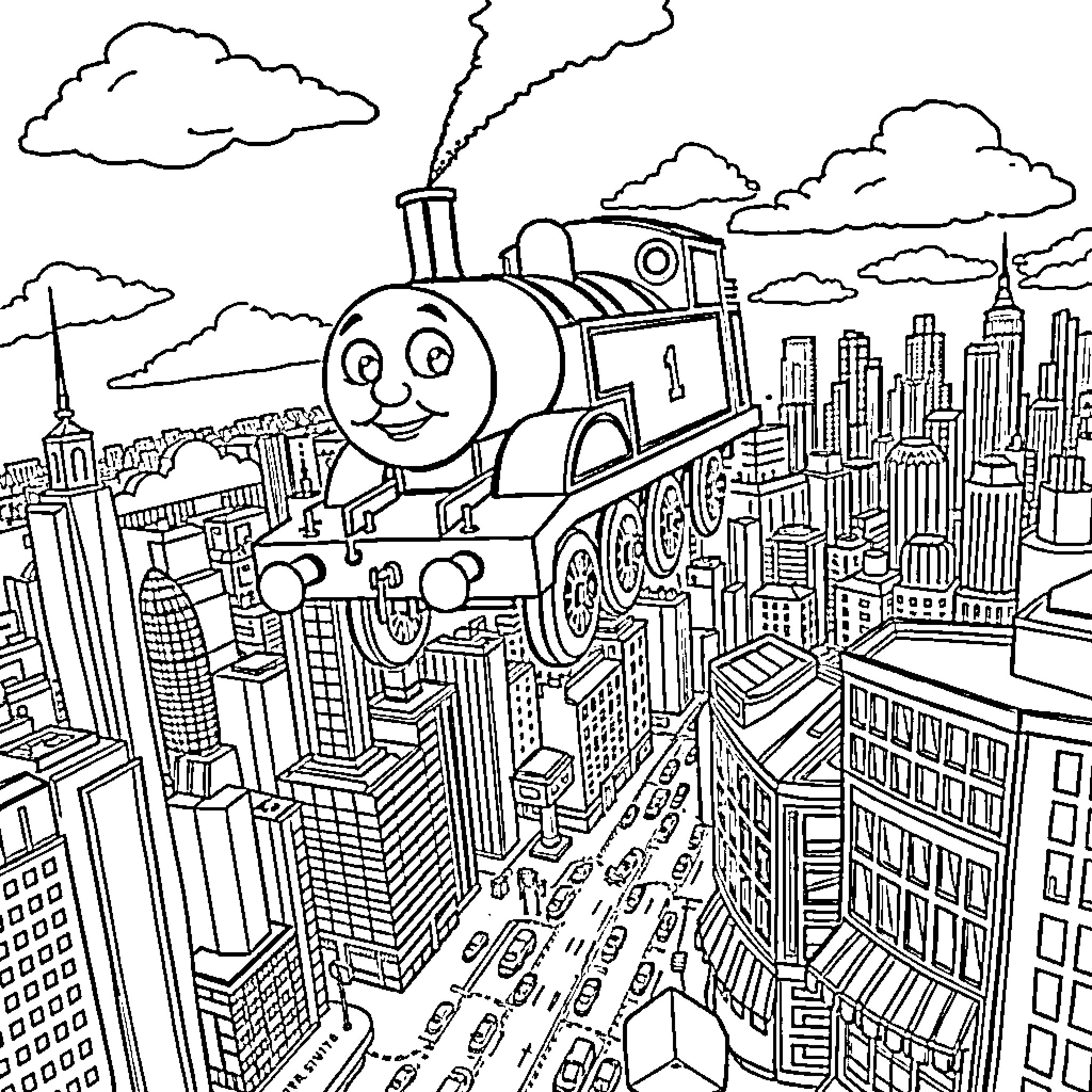Thomas the Train's Cityscape Adventure Coloring Page (free black-and-white line drawing printable PDF for all, from beginners to advanced learners, including children, teens, adults, and seniors)