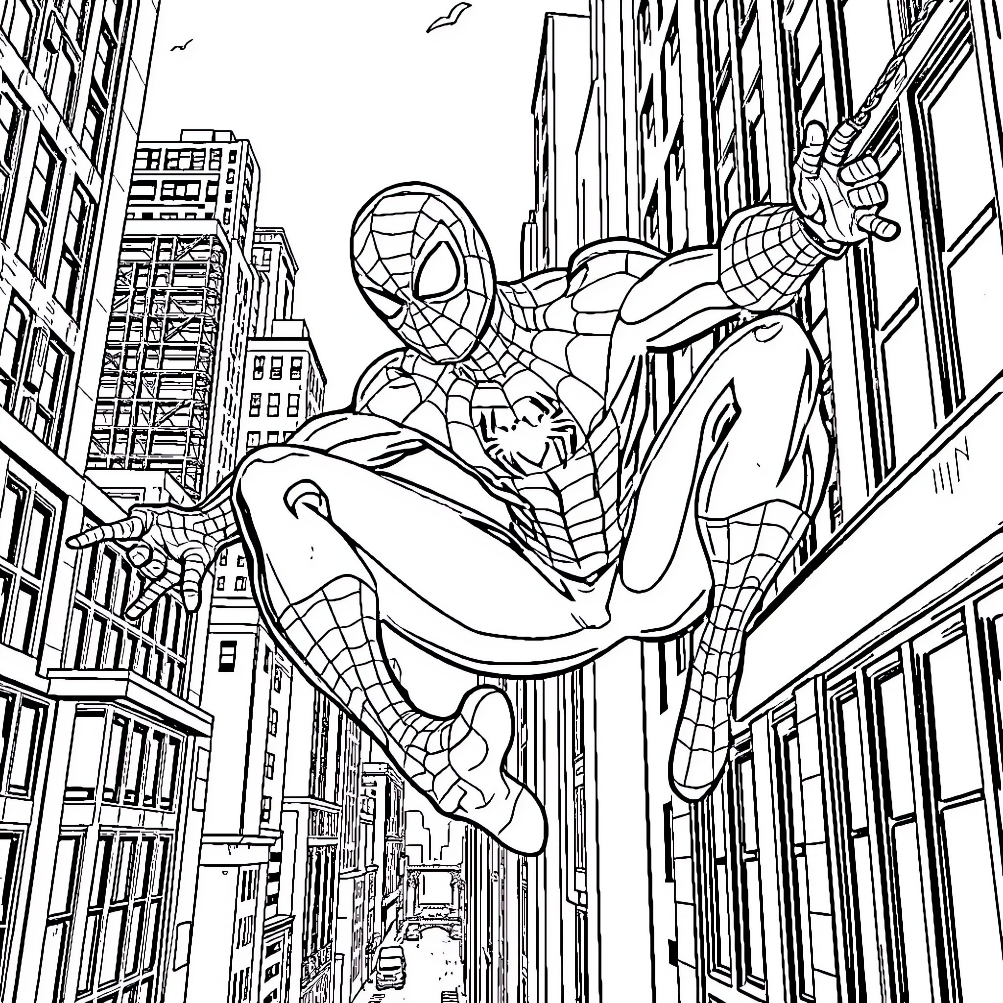 Spider-Man swinging through the city skyline Coloring Page (free black-and-white line drawing printable PDF for all, from beginners to advanced learners, including children, teens, adults, and seniors)