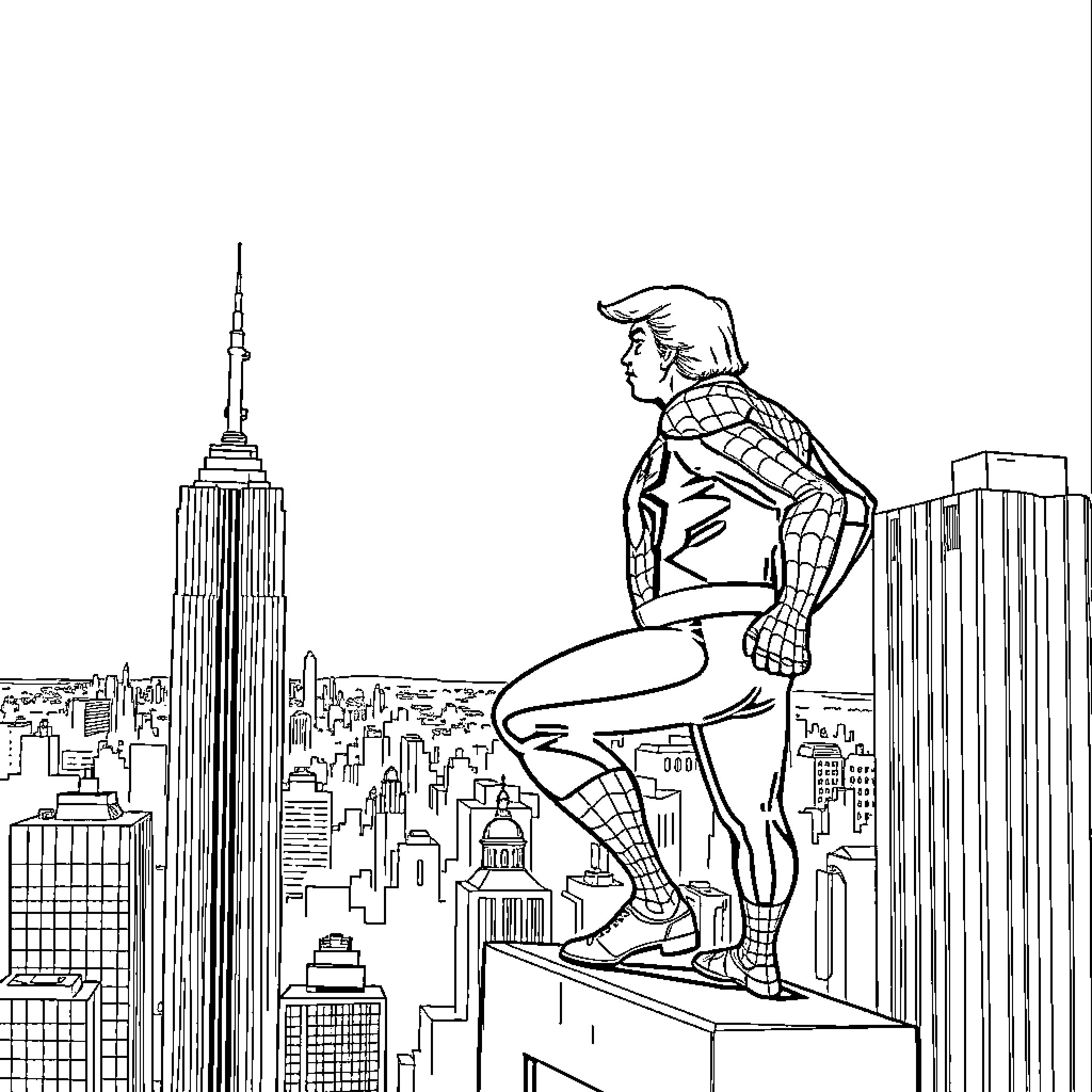 Trump overlooking New York City skyline Coloring Page (free black-and-white line drawing printable PDF for all, from beginners to advanced learners, including children, teens, adults, and seniors)