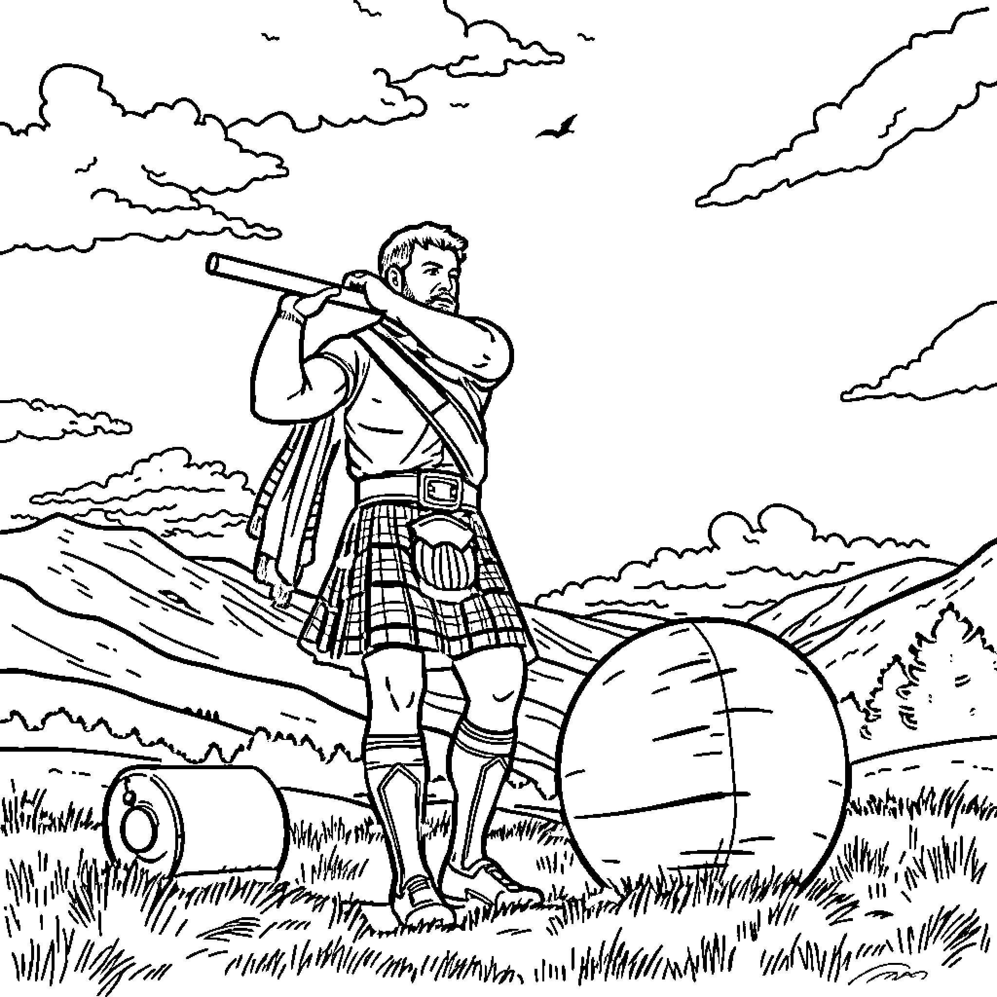 Athlete with traditional Scottish outfit and weaponry in rugged landscape Coloring Page (free black-and-white line drawing printable PDF for all, from beginners to advanced learners, including children, teens, adults, and seniors)