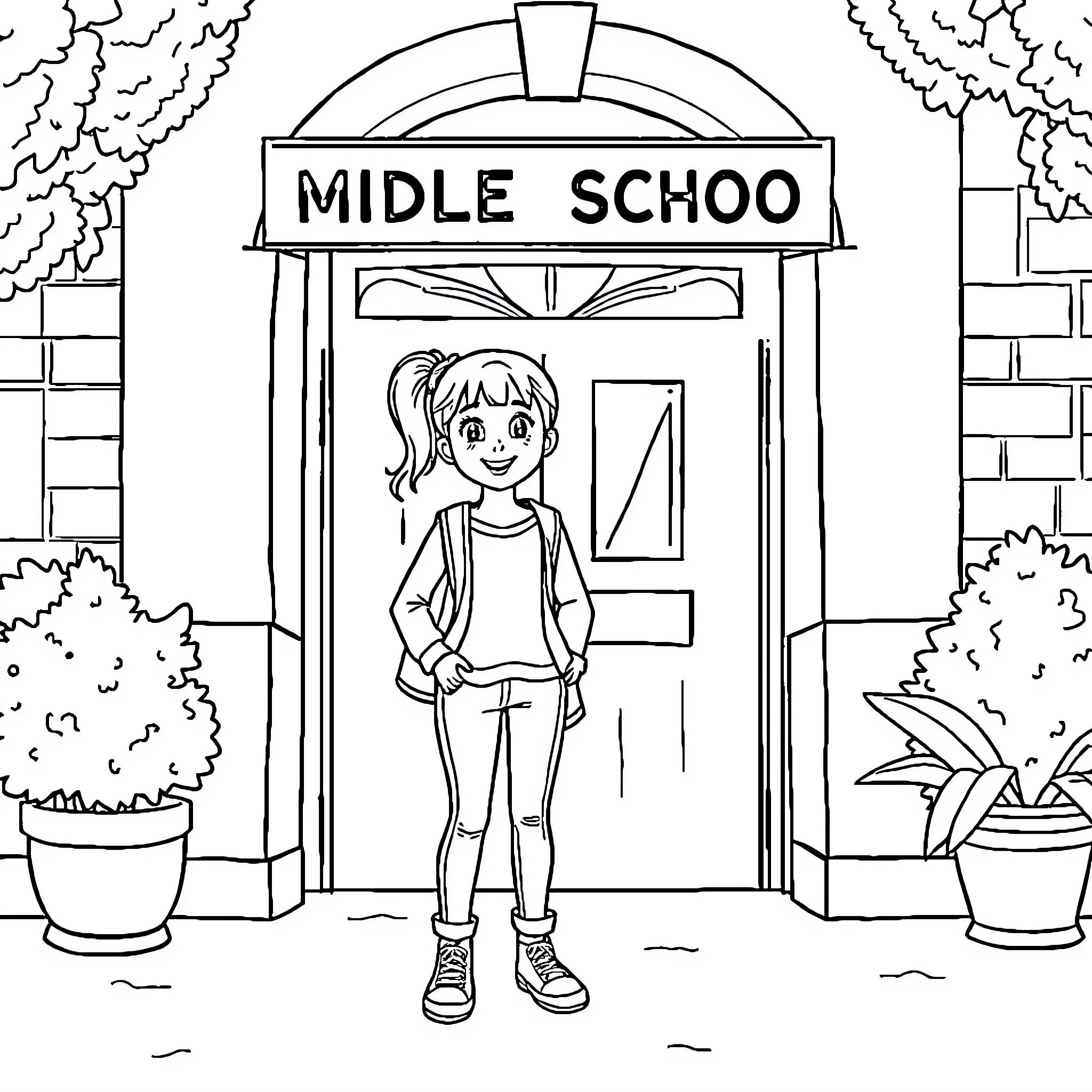 Clélia arrives at Middle School Coloring Page (free black-and-white line drawing printable PDF for all, from beginners to advanced learners, including children, teens, adults, and seniors)