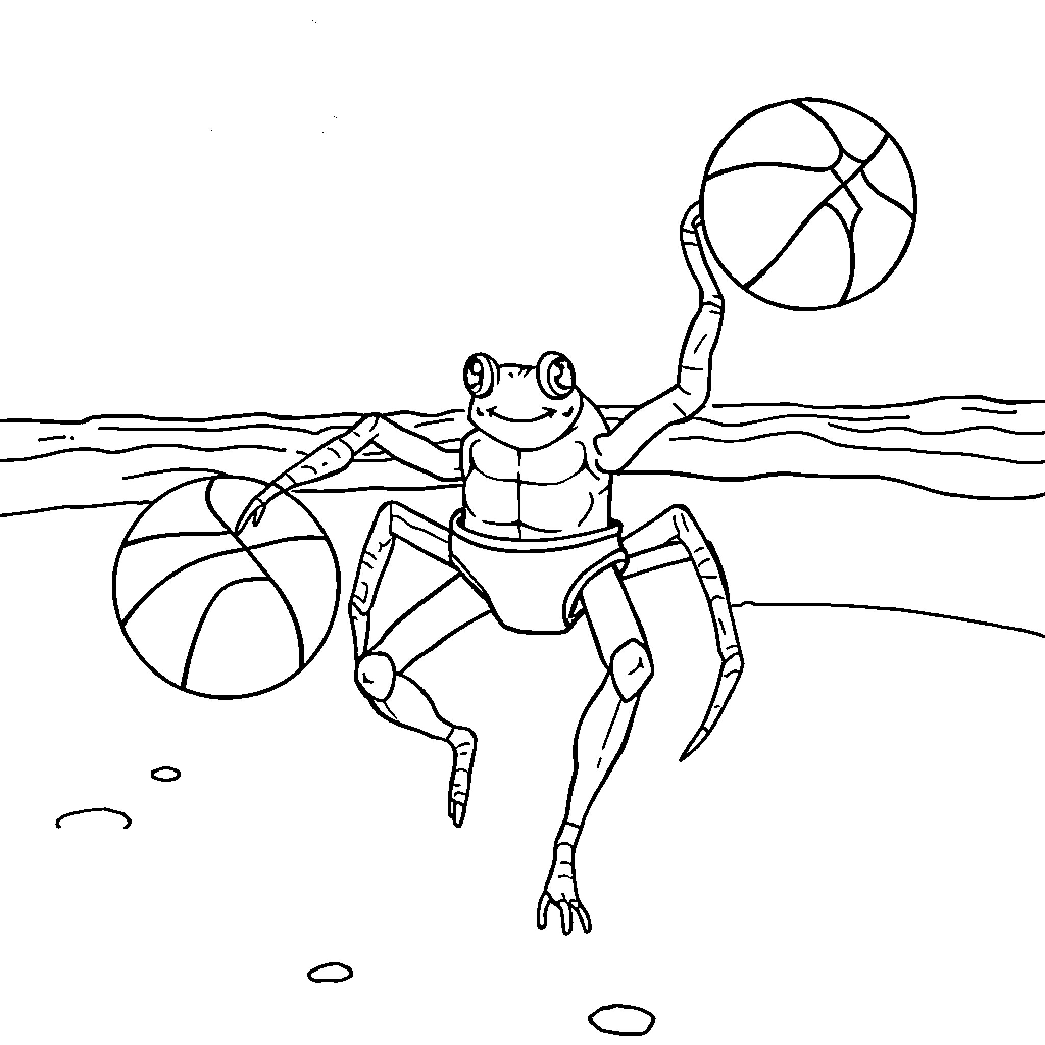 Spider-like figure playing with beach balls on shore Coloring Page (free black-and-white line drawing printable PDF for all, from beginners to advanced learners, including children, teens, adults, and seniors)