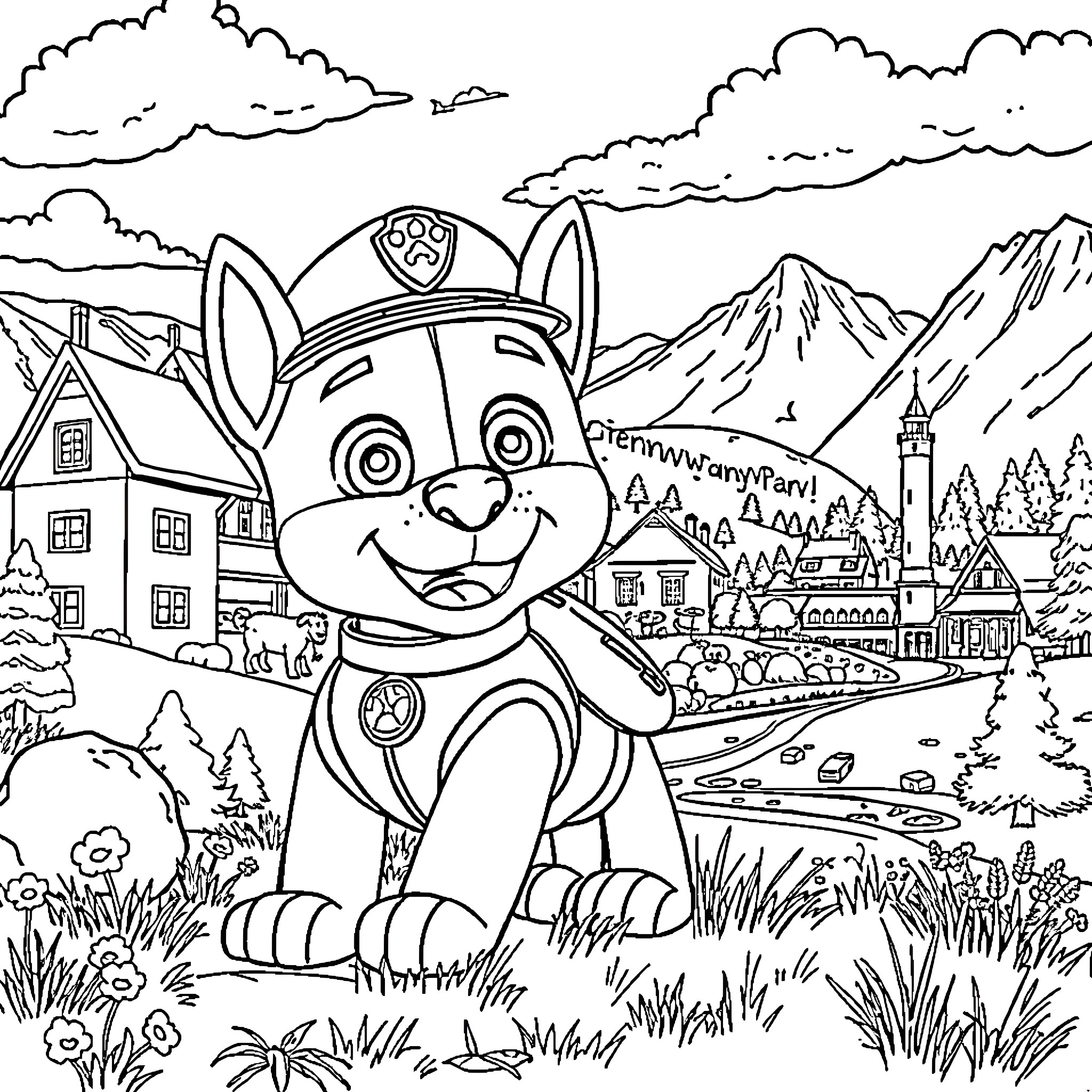 Rubble character exploring idyllic mountain village Coloring Page (free black-and-white line drawing printable PDF for all, from beginners to advanced learners, including children, teens, adults, and seniors)