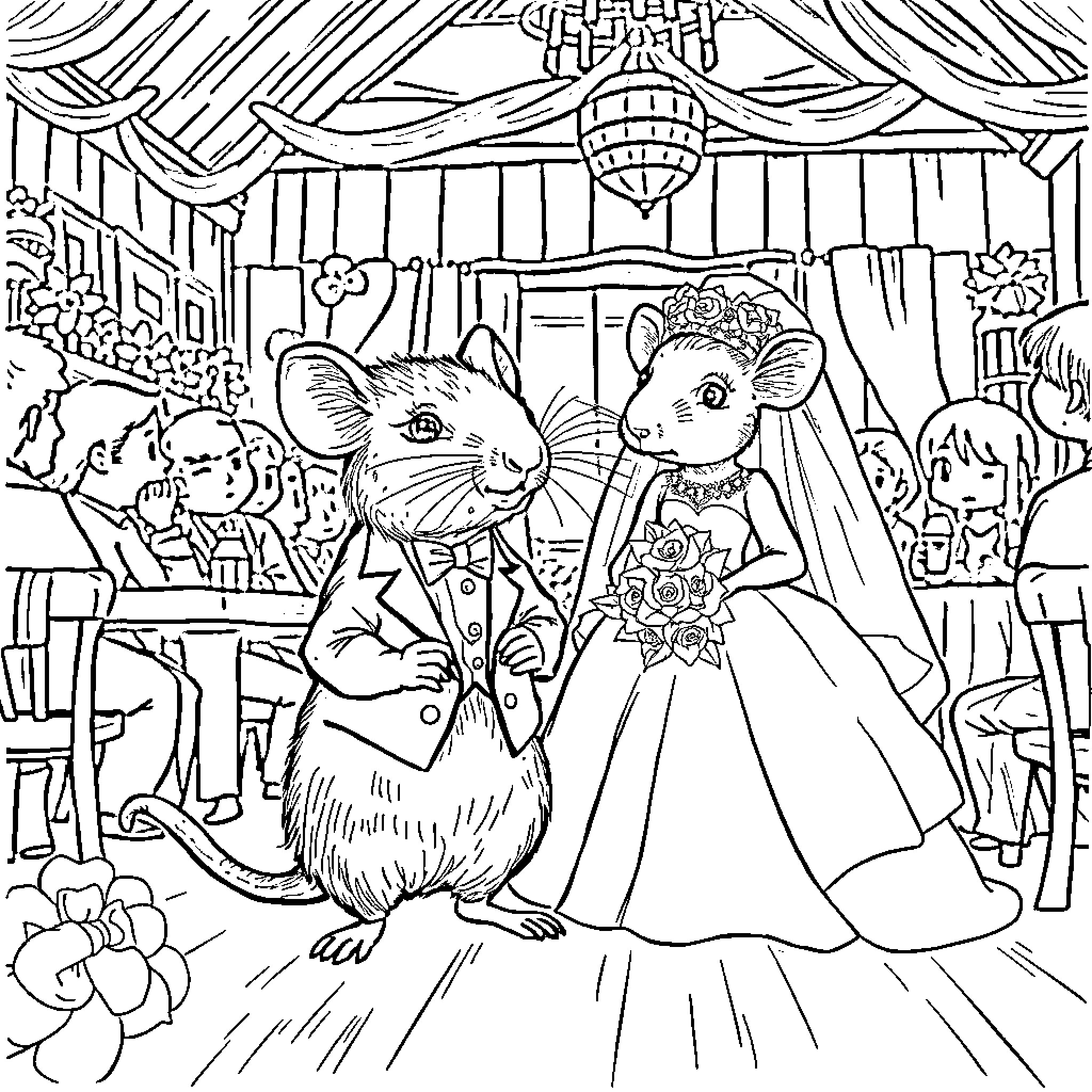 Rat couple celebrating a wedding ceremony Coloring Page (free black-and-white line drawing printable PDF for all, from beginners to advanced learners, including children, teens, adults, and seniors)
