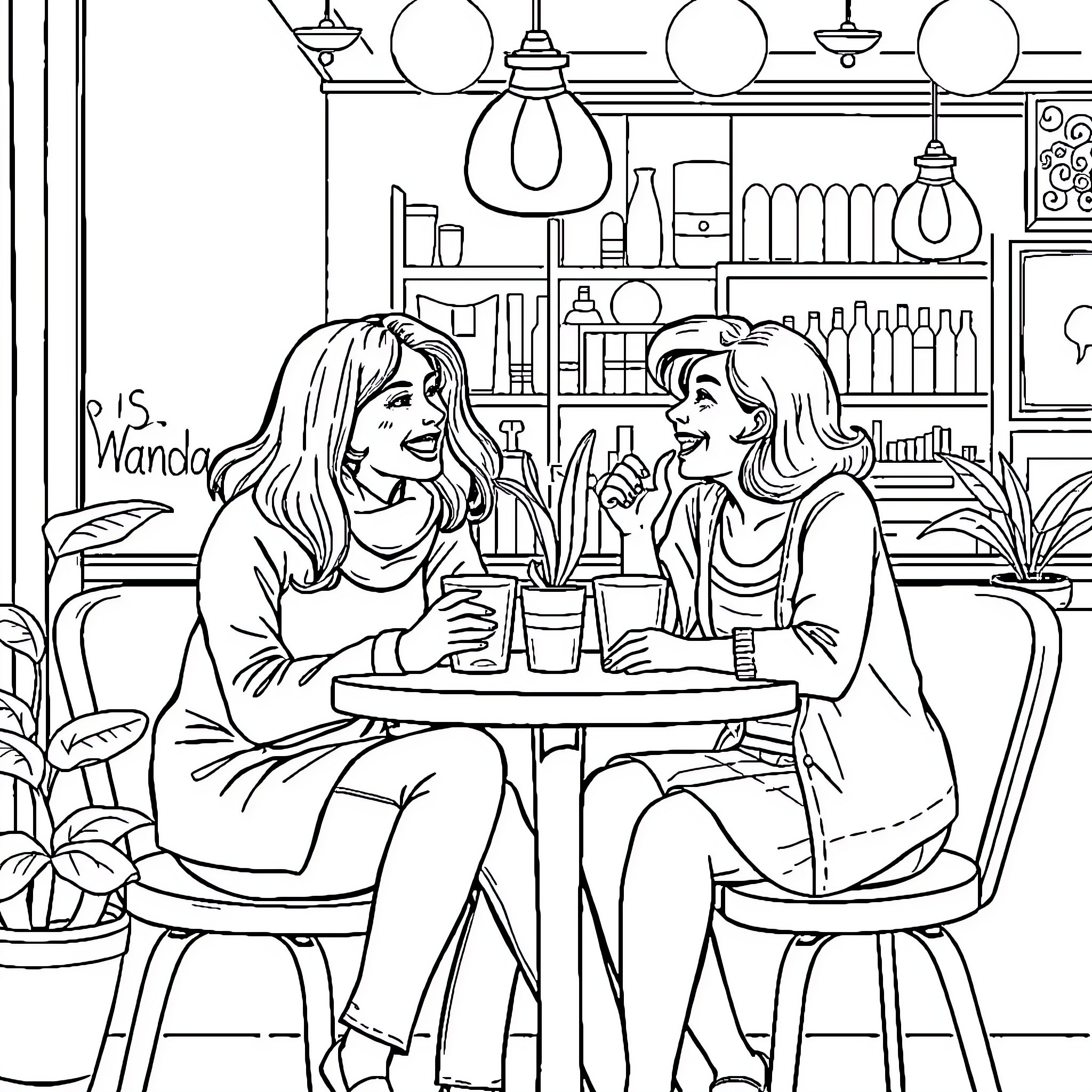 Wanda enjoying coffee with a friend in a cozy cafe Coloring Page (free black-and-white line drawing printable PDF for all, from beginners to advanced learners, including children, teens, adults, and seniors)