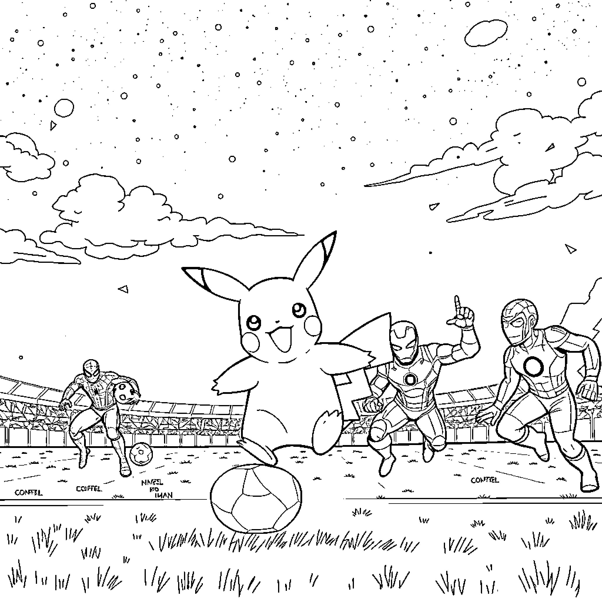 Pikachu and Friends Playing in the Snowy Field Coloring Page (free black-and-white line drawing printable PDF for all, from beginners to advanced learners, including children, teens, adults, and seniors)