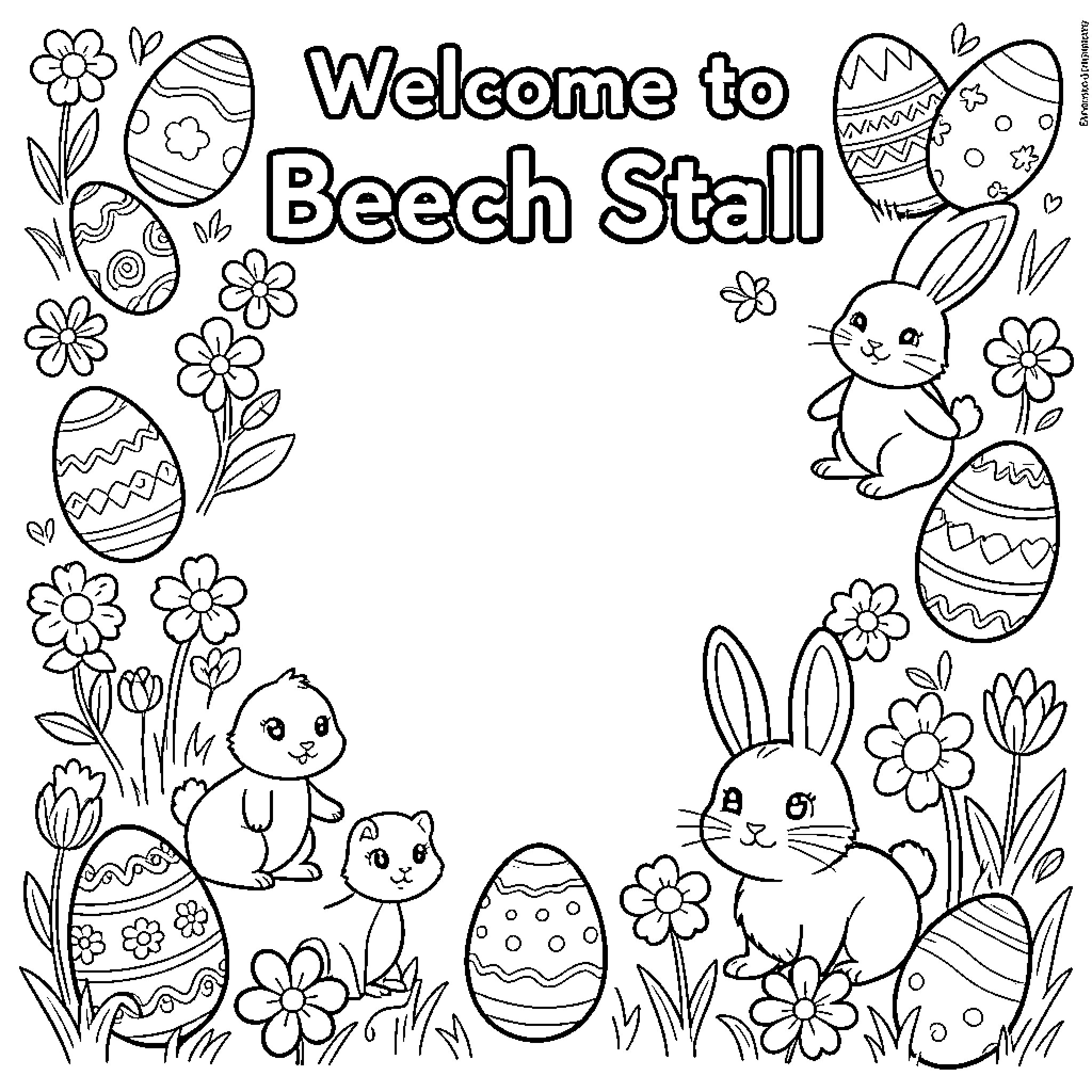 Easter welcoming sign with decorated eggs and animals Coloring Page (free black-and-white line drawing printable PDF for all, from beginners to advanced learners, including children, teens, adults, and seniors)