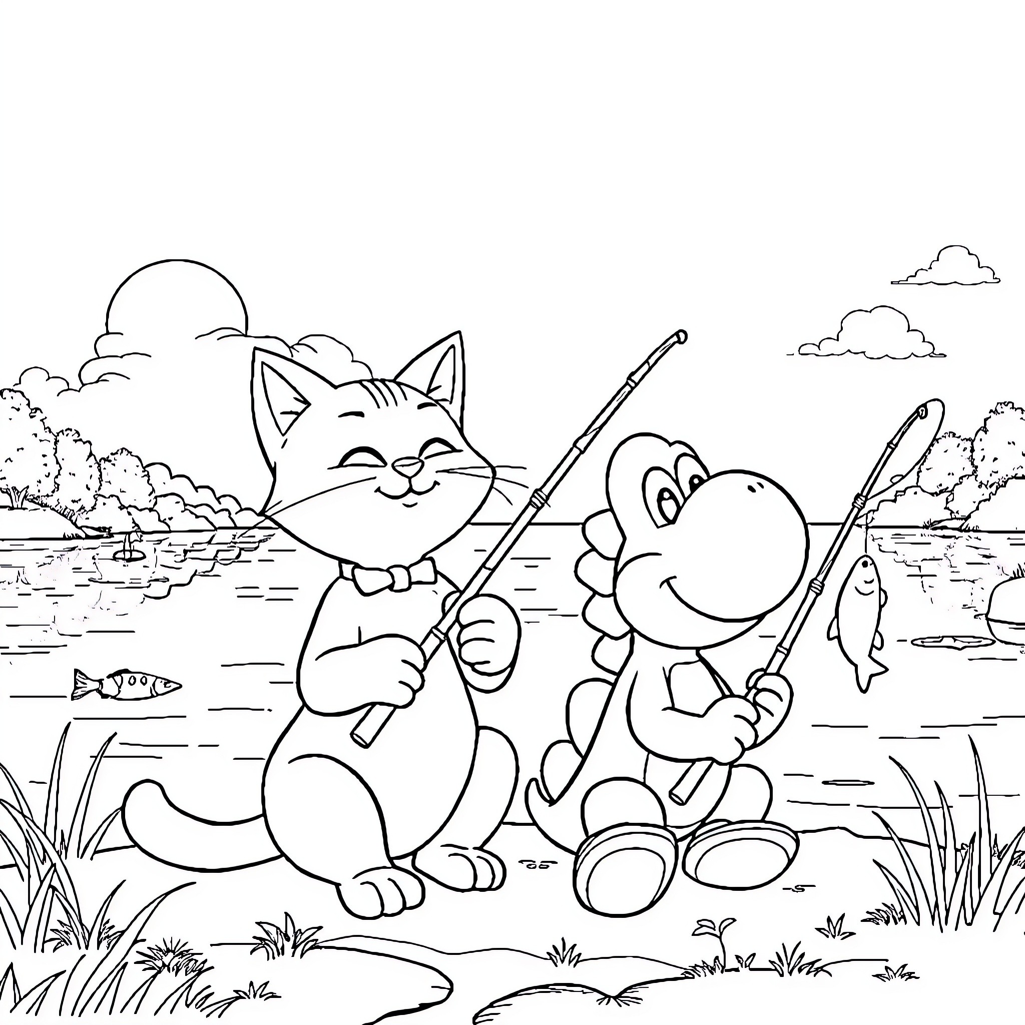 Big the Cat fishing with his frog friend Coloring Page (free black-and-white line drawing printable PDF for all, from beginners to advanced learners, including children, teens, adults, and seniors)