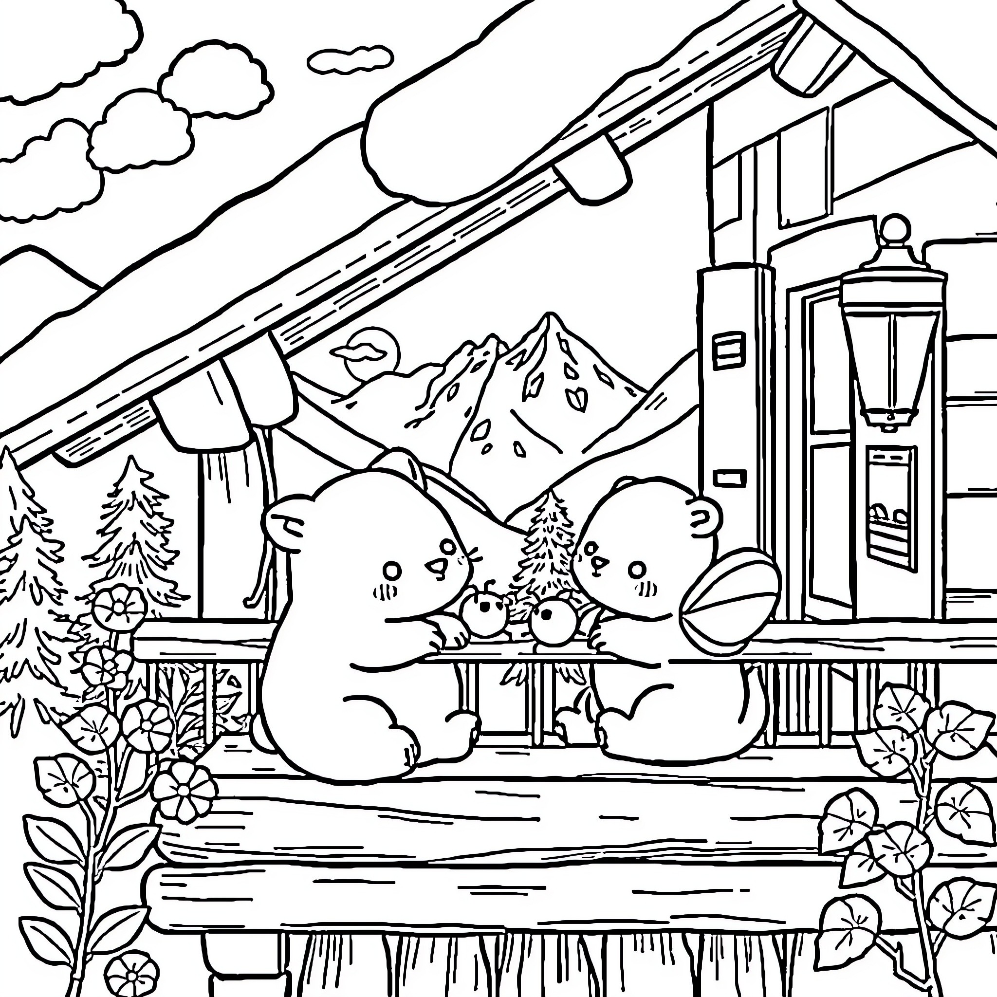 Animal friends playing in mountain cabin scene Coloring Page (free black-and-white line drawing printable PDF for all, from beginners to advanced learners, including children, teens, adults, and seniors)