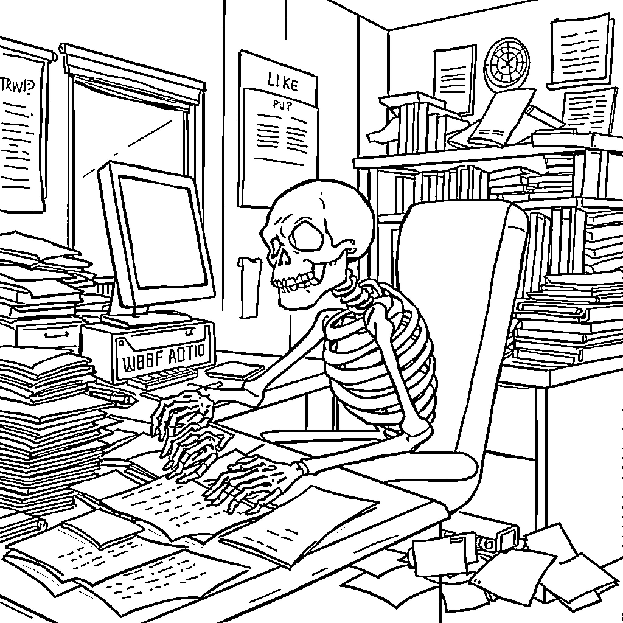 Skeleton Working Diligently in a Cluttered Office Coloring Page (free black-and-white line drawing printable PDF for all, from beginners to advanced learners, including children, teens, adults, and seniors)