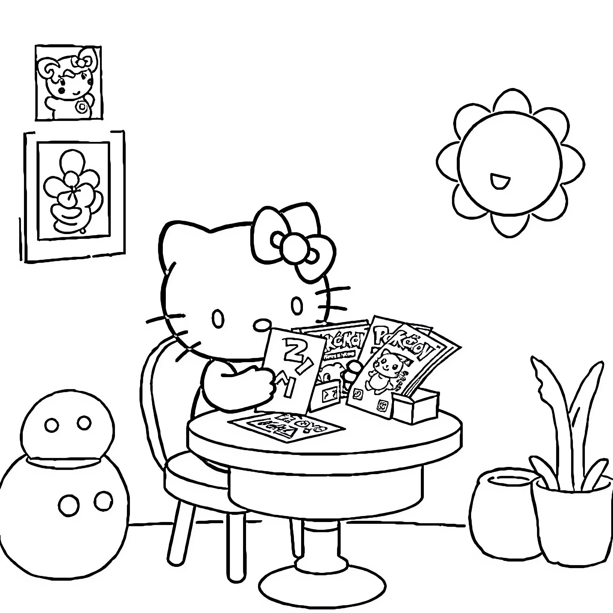 Hello Kitty Reading Comics in Her Room Coloring Page (free black-and-white line drawing printable PDF for all, from beginners to advanced learners, including children, teens, adults, and seniors)