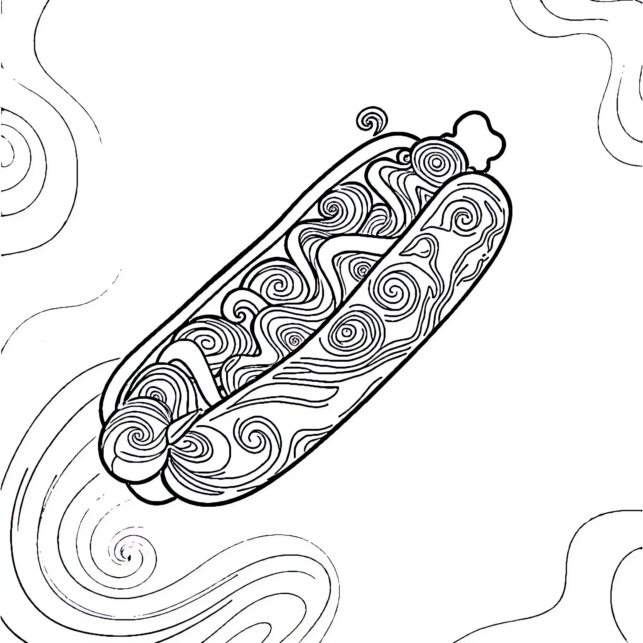 Hotdog with intricate swirling patterns Coloring Page (free black-and-white line drawing printable PDF for all, from beginners to advanced learners, including children, teens, adults, and seniors)
