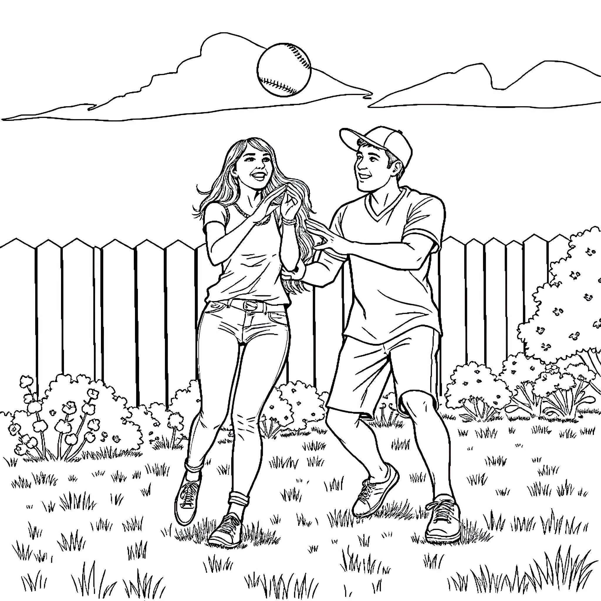 Couple enjoying outdoor activity in rural setting Coloring Page (free black-and-white line drawing printable PDF for all, from beginners to advanced learners, including children, teens, adults, and seniors)