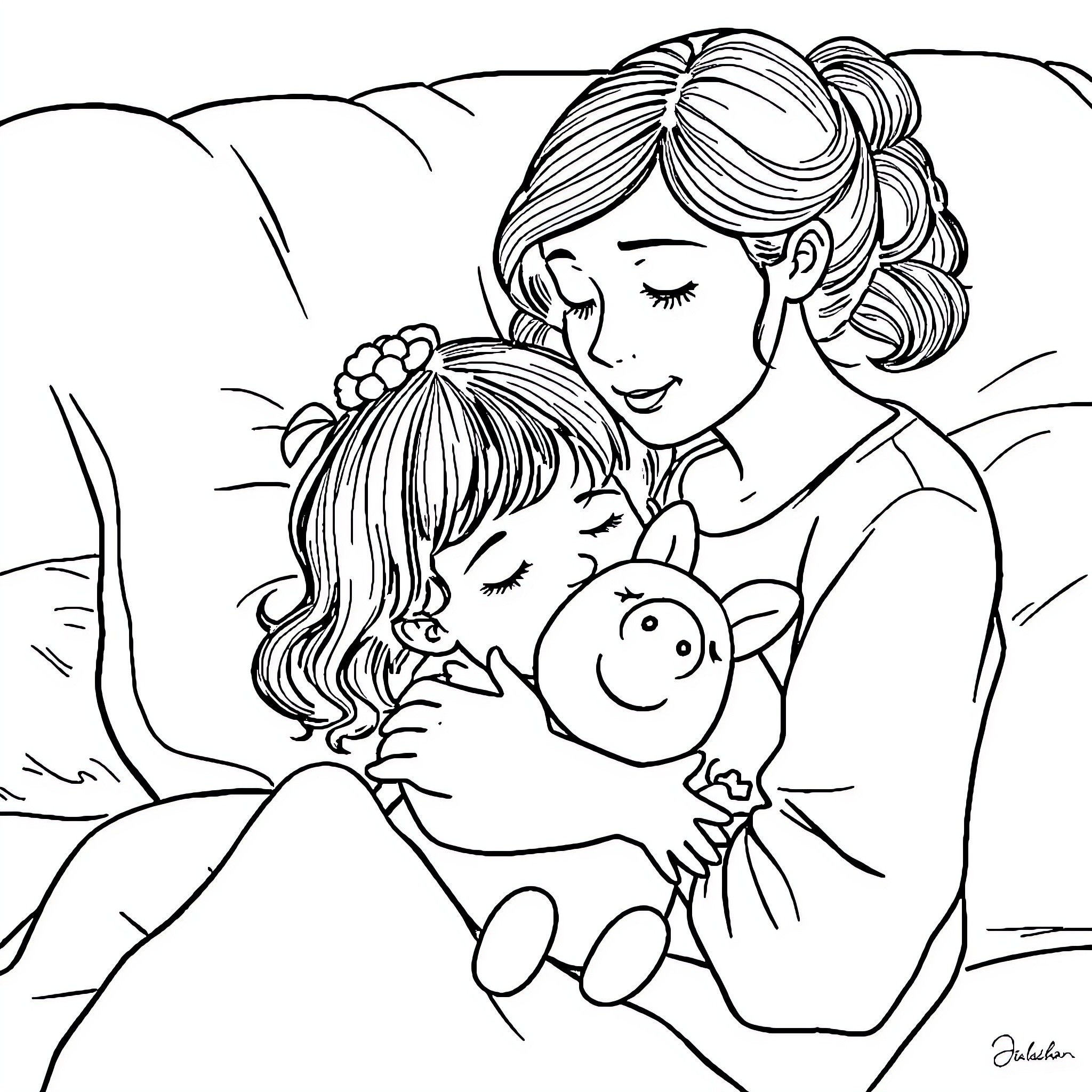 Peppa Pig enjoying a tender moment with friend Coloring Page (free black-and-white line drawing printable PDF for all, from beginners to advanced learners, including children, teens, adults, and seniors)