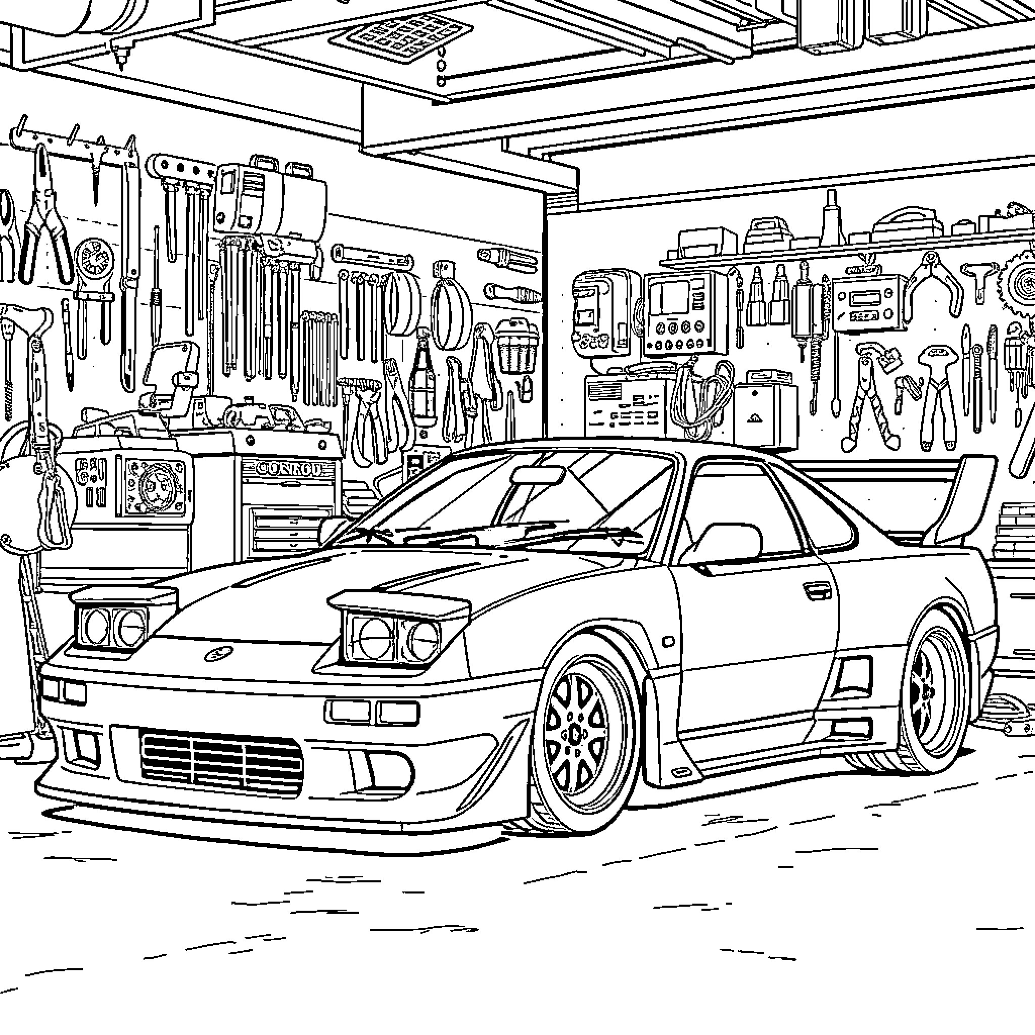 Voiture in Automobile Garage Workshop Coloring Page (free black-and-white line drawing printable PDF for all, from beginners to advanced learners, including children, teens, adults, and seniors)